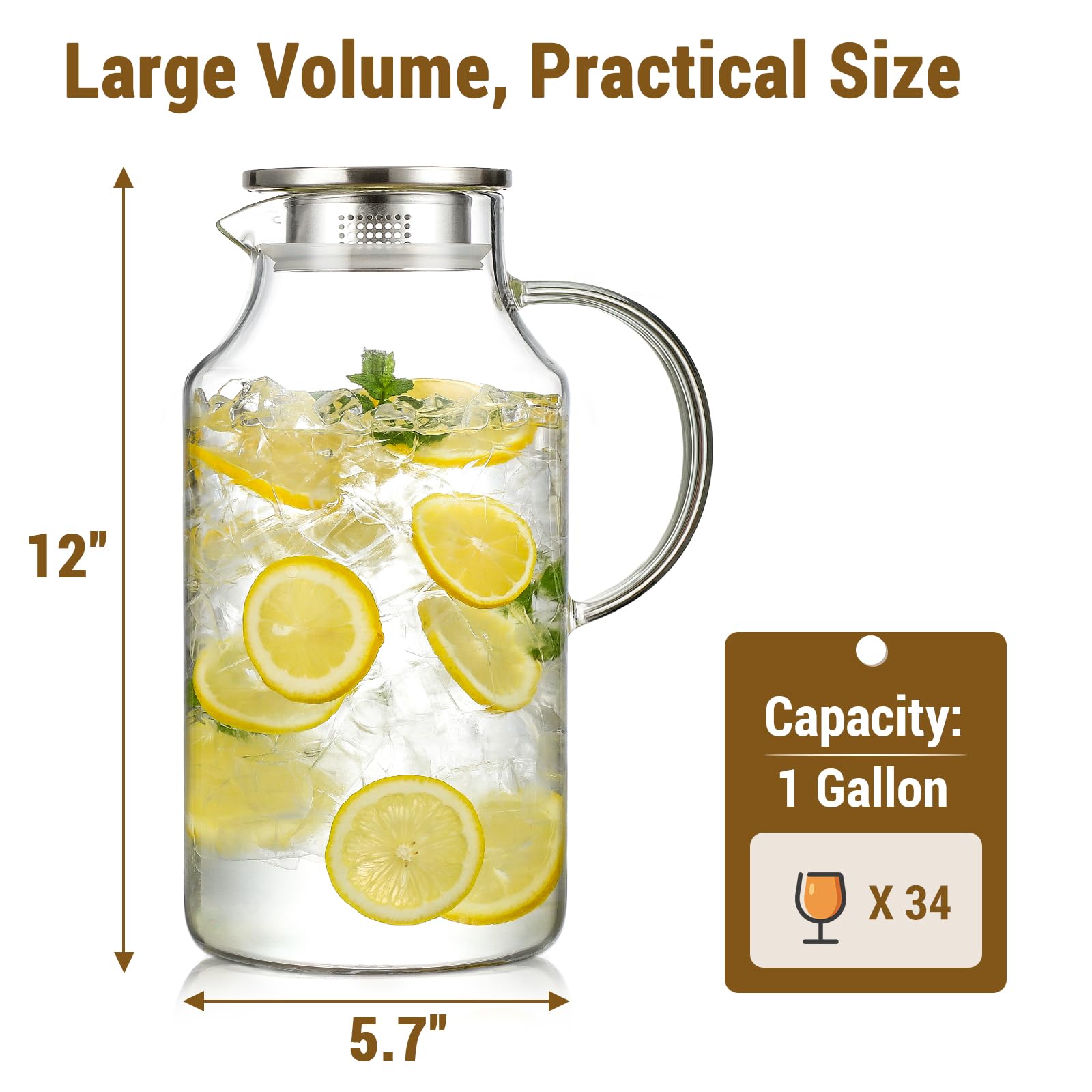 Jarra de vidrio grueso de 1 galón con tapa y boquilla, jarra de vidrio de borosilicato para bebidas calientes/frías, jarras de agua para refrigerador, jarra extragrande con asa para té helado, café