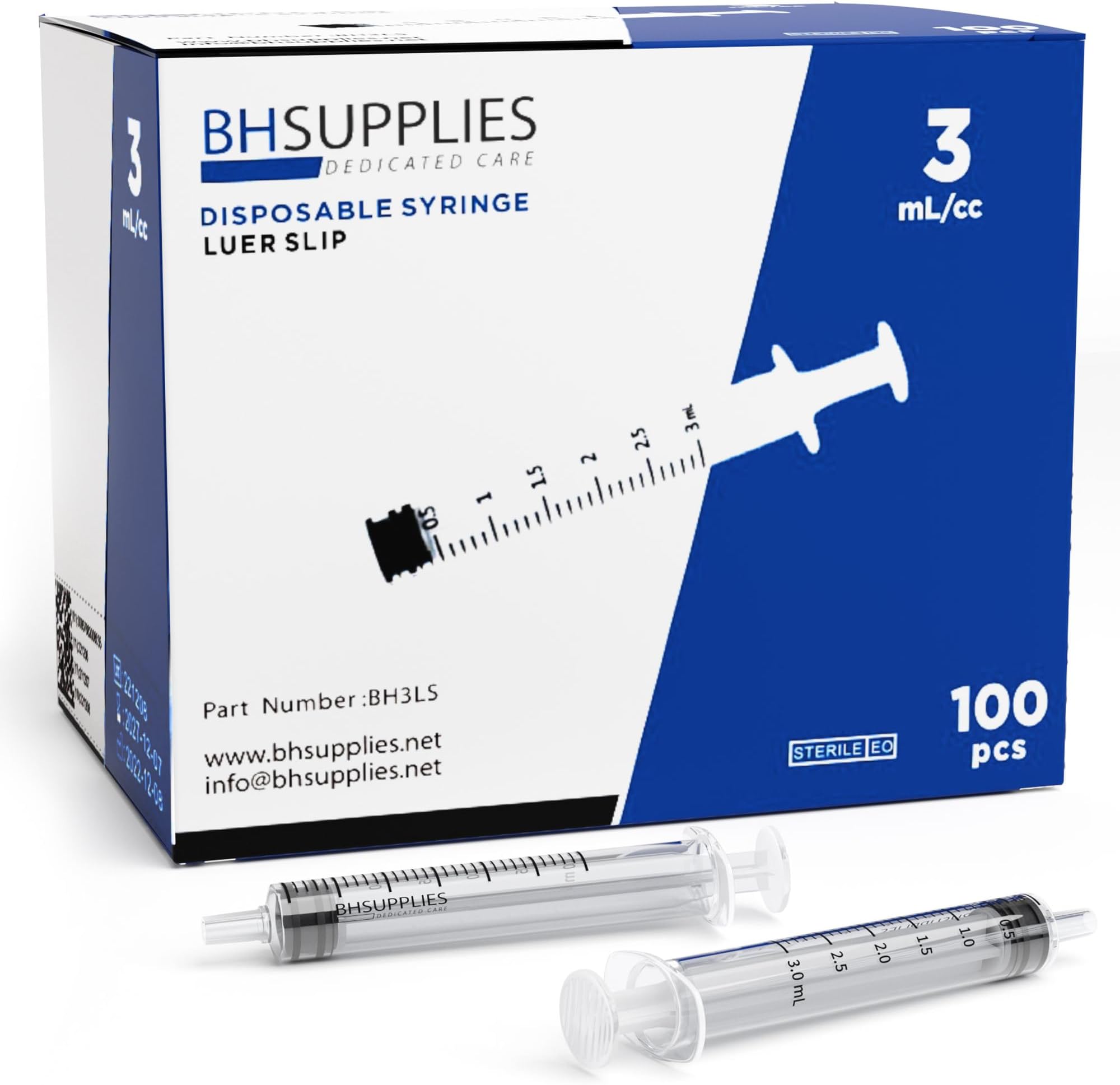 3ml Luer Slip Tip Syringe - (No Needle) - Sterile, Individually Wrapped - 100 Syringes