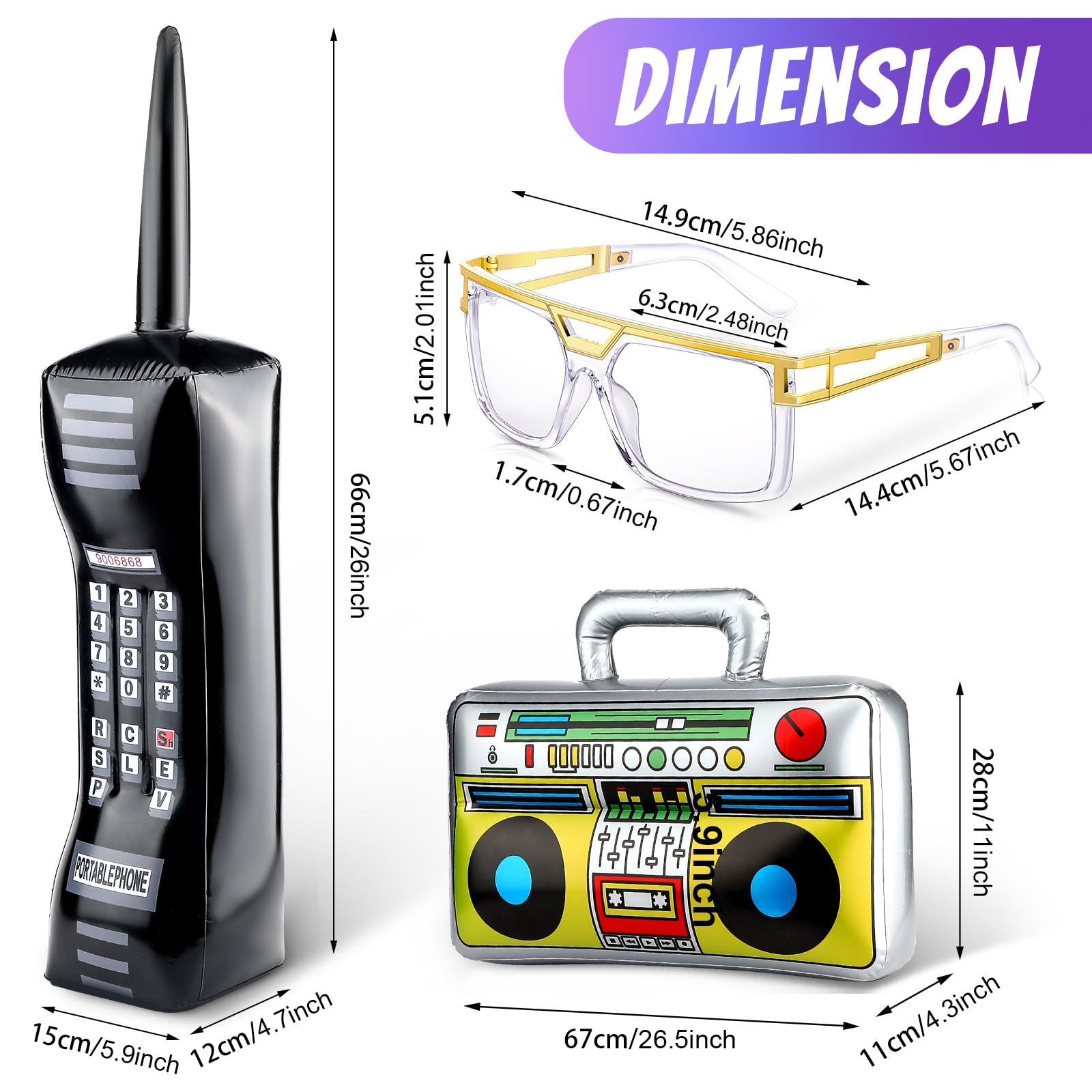 Paterr 7 Pcs 80s 90s Hip Hop Costume Kit 80s 90s Fanny Pack 90s Outfit Hat Glass Faux Gold Rope Chain Inflatable Radio Boombox Inflatable Mobile Phone for Women Men Rapper DJ Costume Halloween Cosplay - Image 3