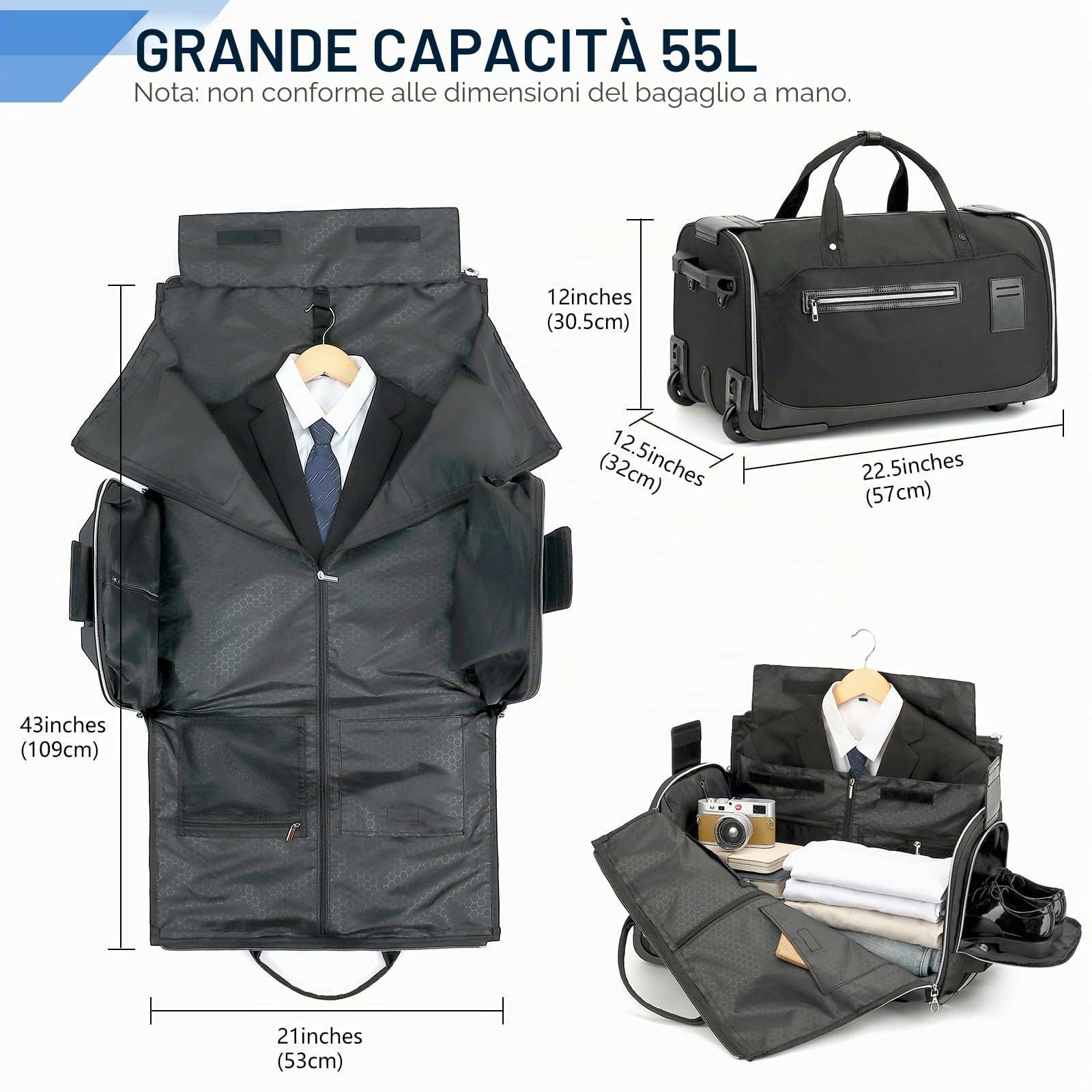 Borsa Porta Abiti da Viaggio con Ruote e Maniglia 55L Convertibile 3 in 1 Trolley Borsone da viaggio Uomo Donna con Scomparto Scarpe per Viaggi D'affari e Matrimoni, Nero