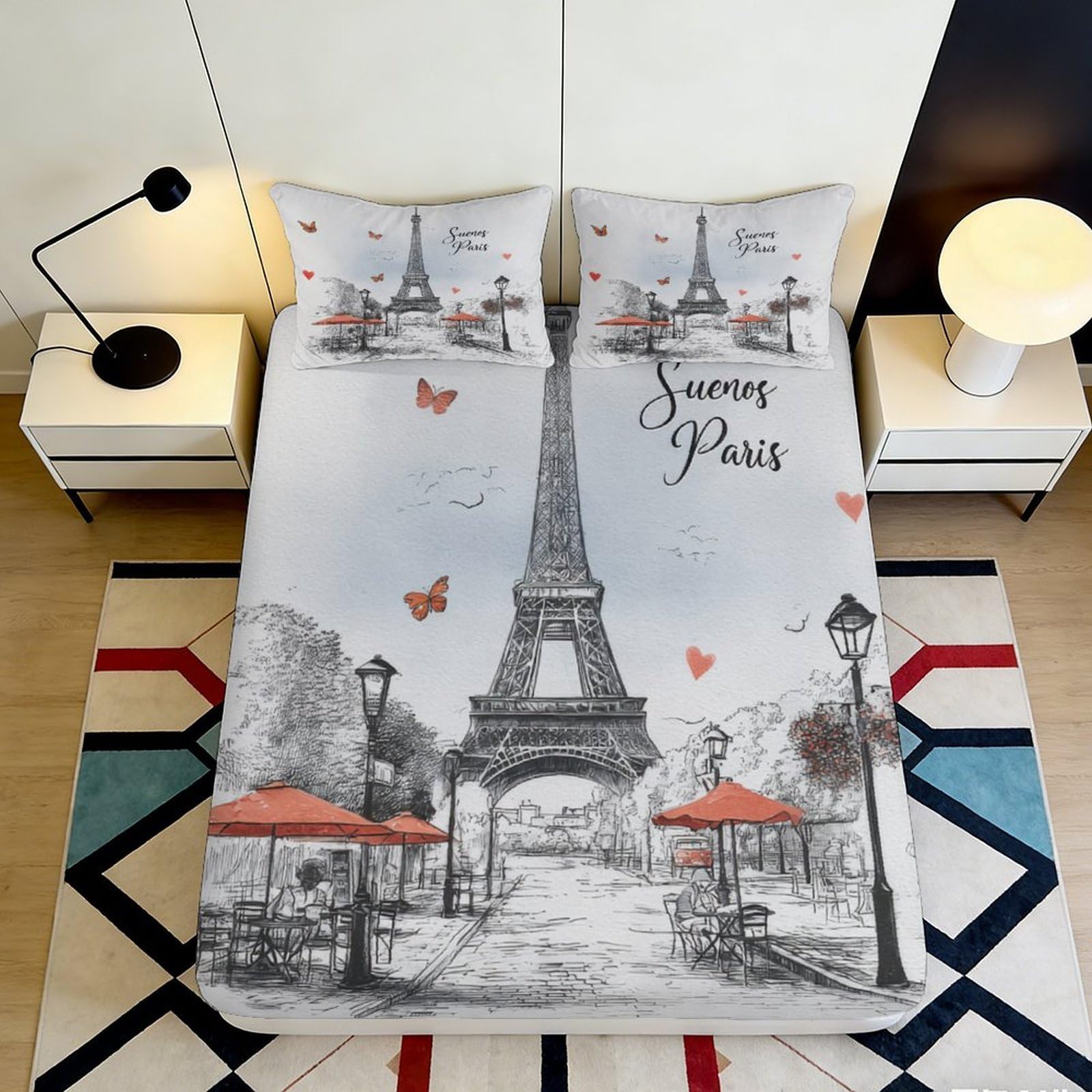3D Printed Paris Eiffel Tower Fitted Sheet Microfiber Soft Durable 3D Printed Butterflies Bed Cover for Bedroom Guest Room Mattress Protection Home Decor 120x200x25cm