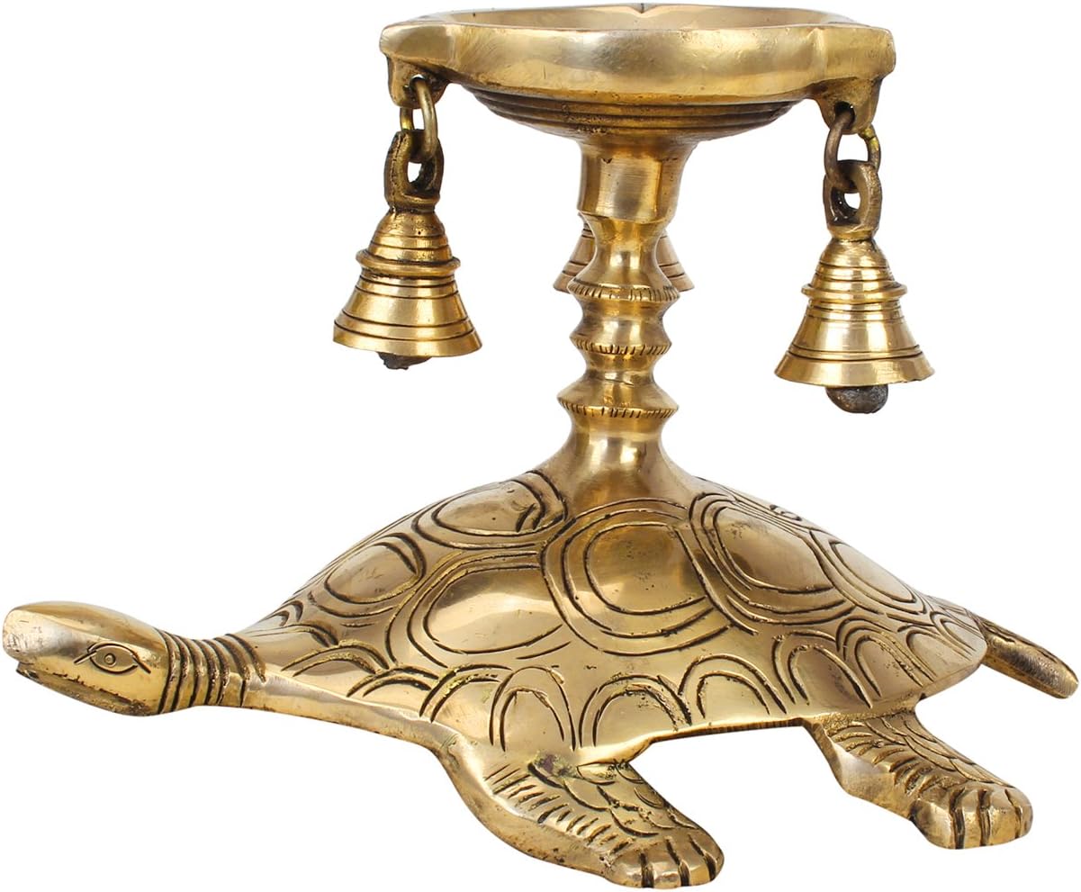 Kartique Brass Tortoise Diya - Unique Tortoise Kachua Design with Bells | Decorative Oil Lamp for Home & Temple | Height: 6 Inches | Traditional Pooja Accessory