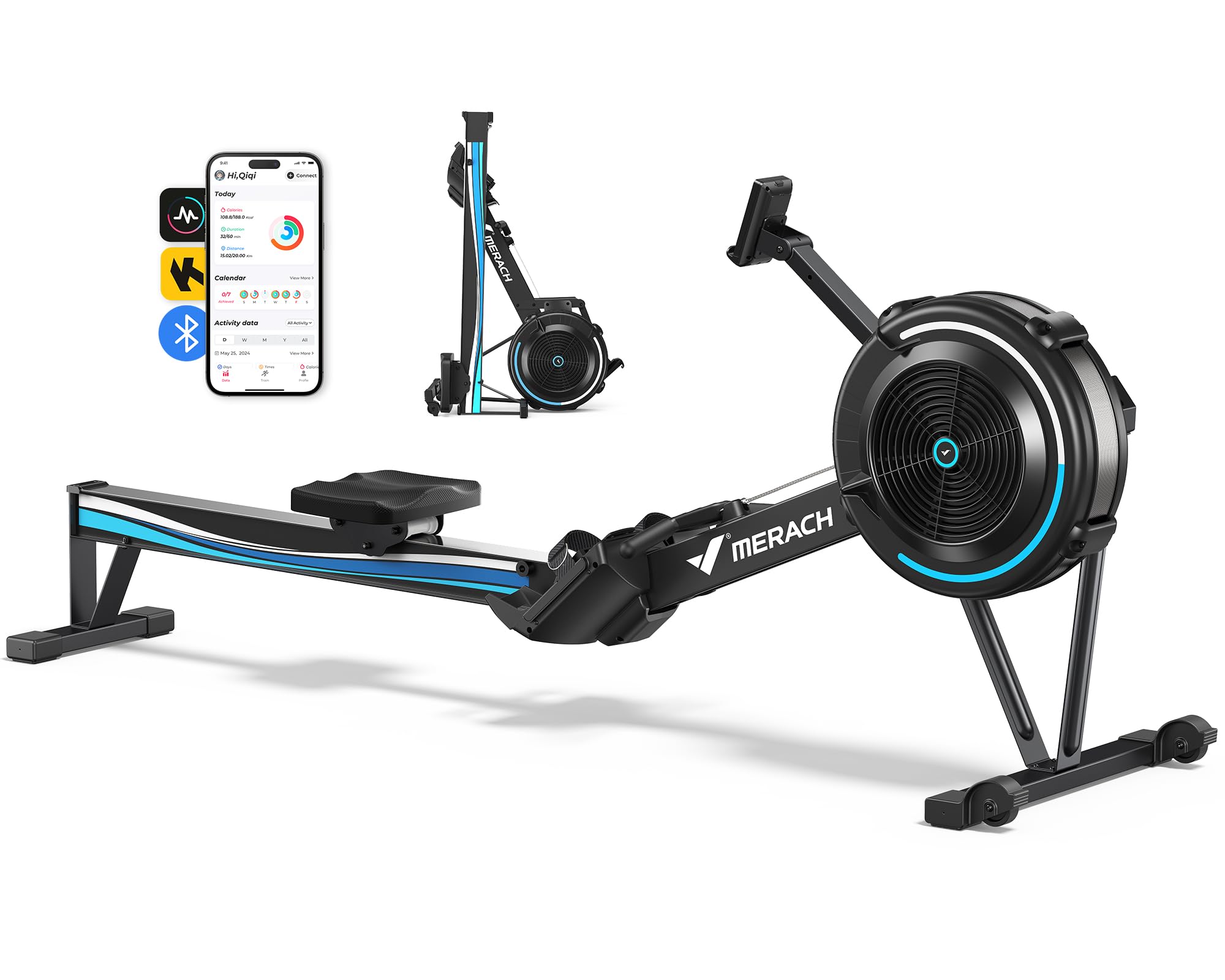 MERACH Rameur d'appartement à Résistance Aérienne, 10 Niveaux Réglables avec APP Exclusive, Rameur Professionnel Musculation pour Intérieur, Siège Ergonomique Confortable, Stockage Facile