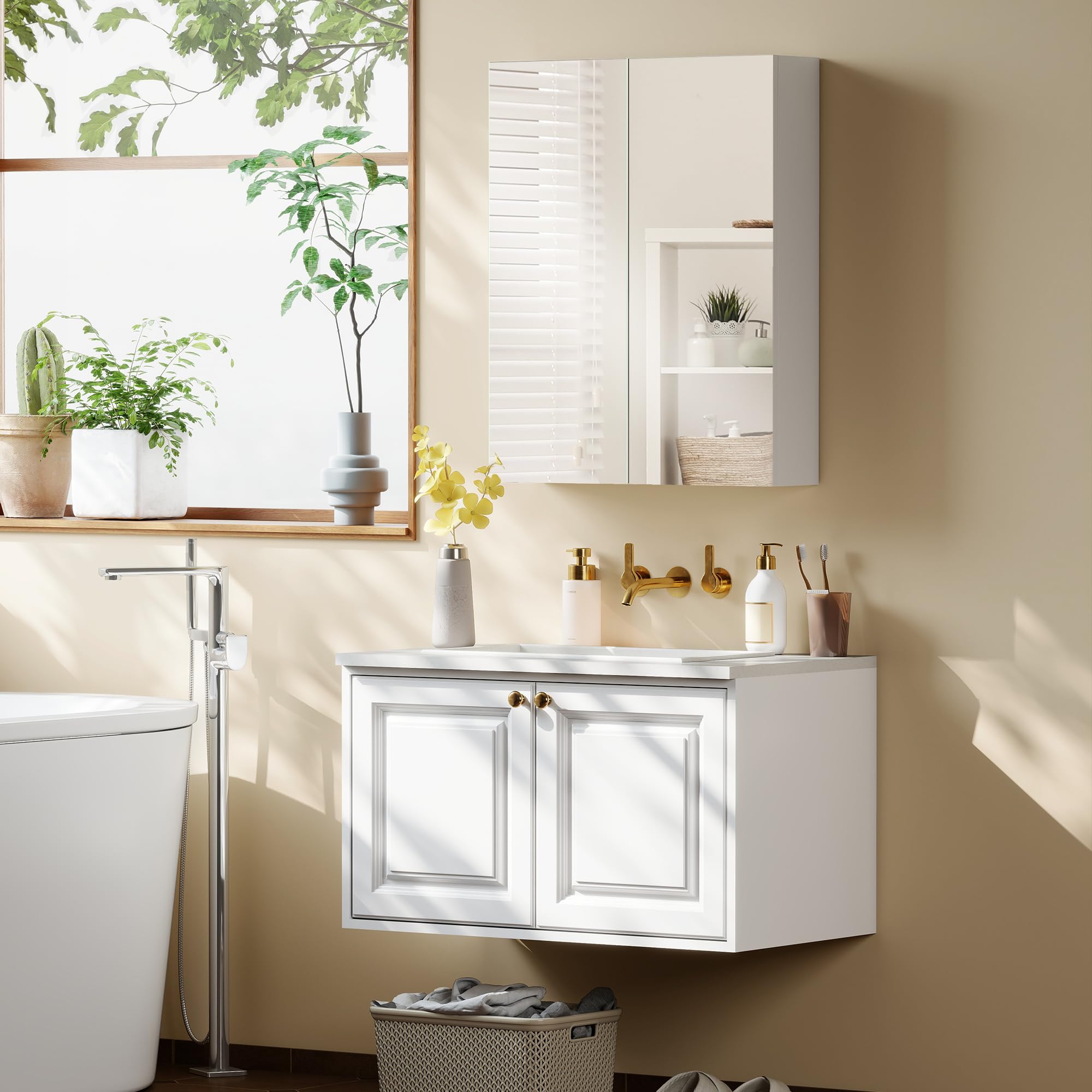 HOMCOM Armadietto Pensile da Bagno Due Ante con Specchiera e 2 Ripiani Interni, Mobiletto Bagno con Specchio e Soft Close in MDF, 60x15x75 cm, Bianco