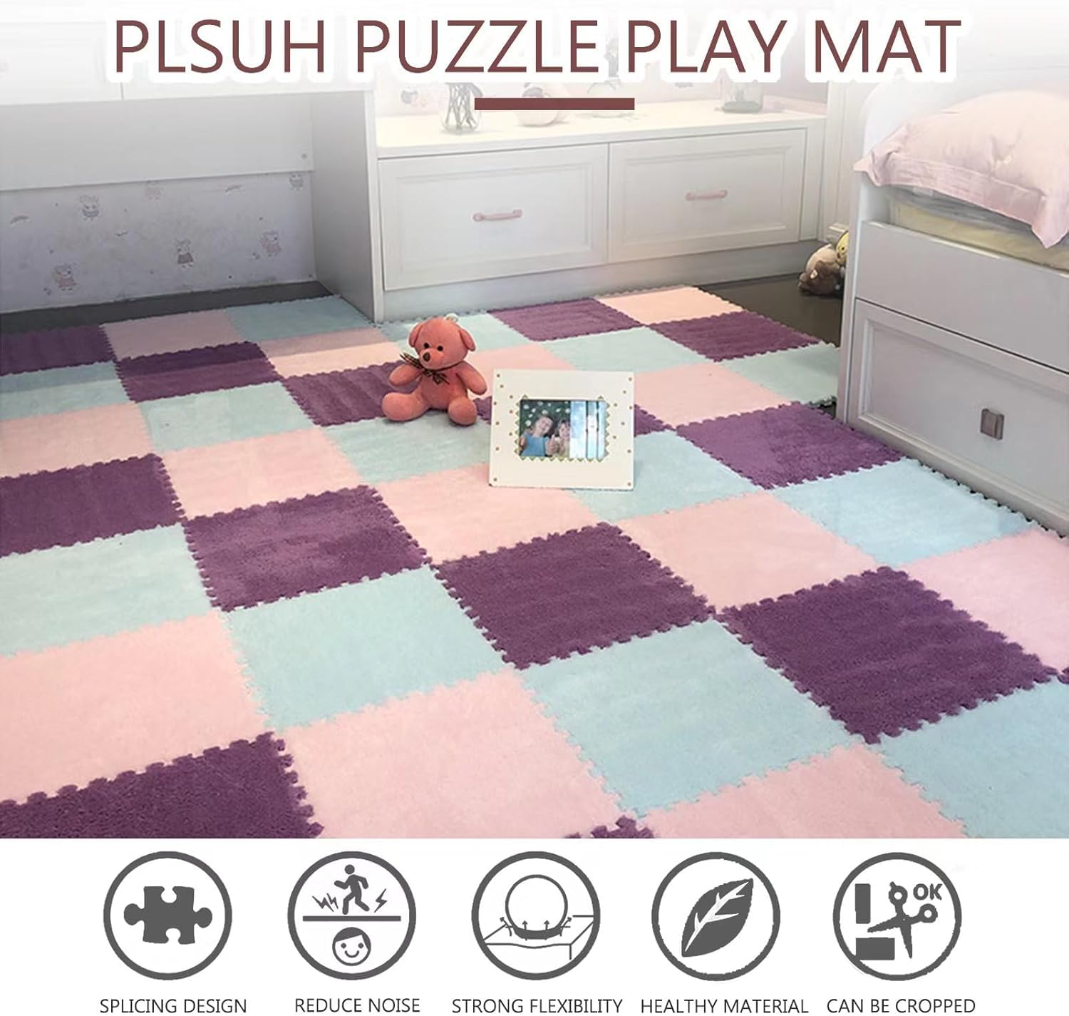 Pluszowa mata do raczkowania, 10 sztuk wielokolorowych pluszowych piankowych podkładek podłogowych z blokadą kwadratowych puzzli(Dark Blue)