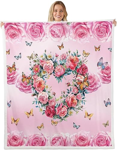 Manfei Manta de vellón con estampado de mariposas y flores, diseño romántico de corazón para cama, sofá, decoración de habitación de niños y niñas,