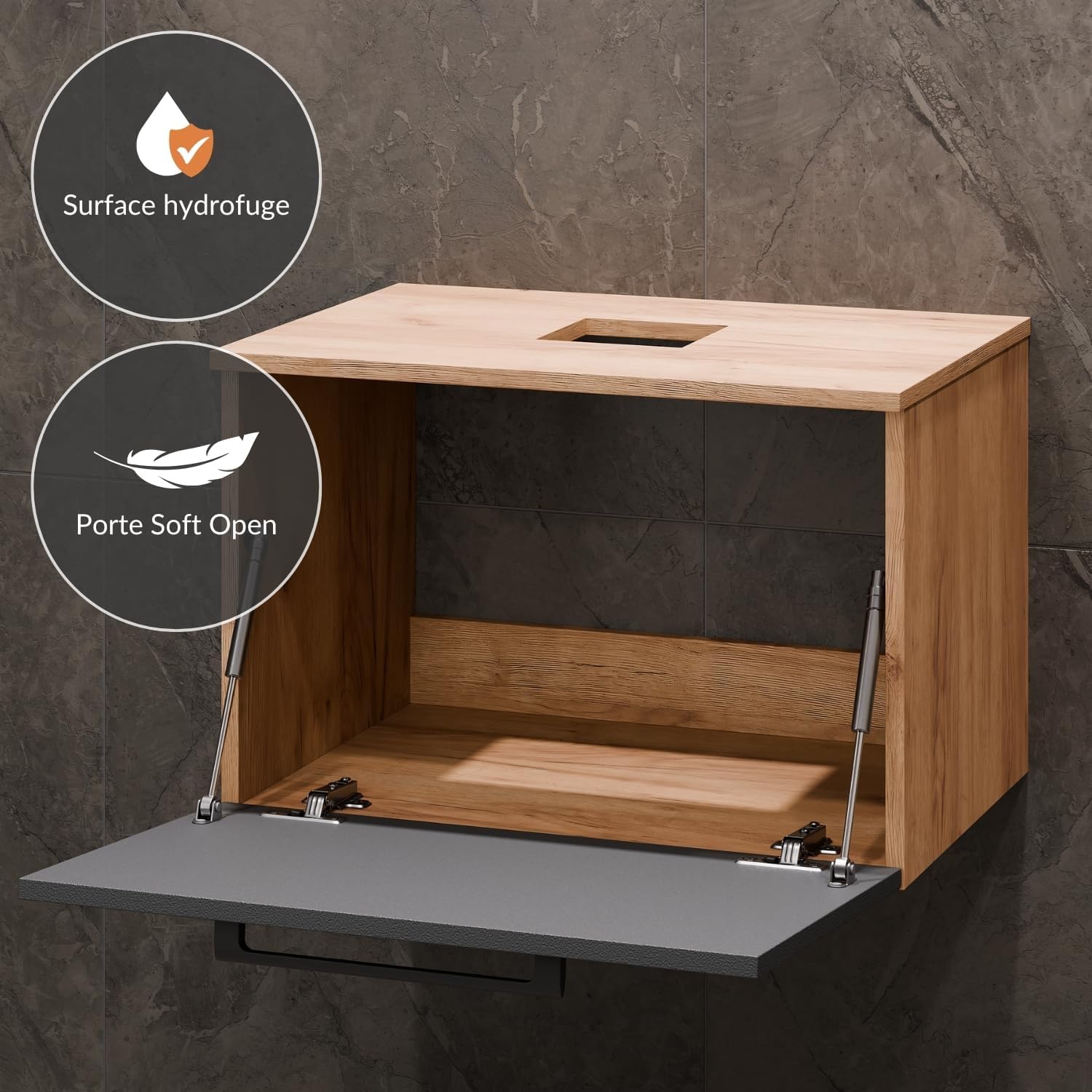 Planetmöbel Astra Ensemble Meuble Salle de Bain avec Meuble sous lavabo 60 cm, 1 Armoire Moyenne chêne doré Anthracite, sans Vasque à Poser