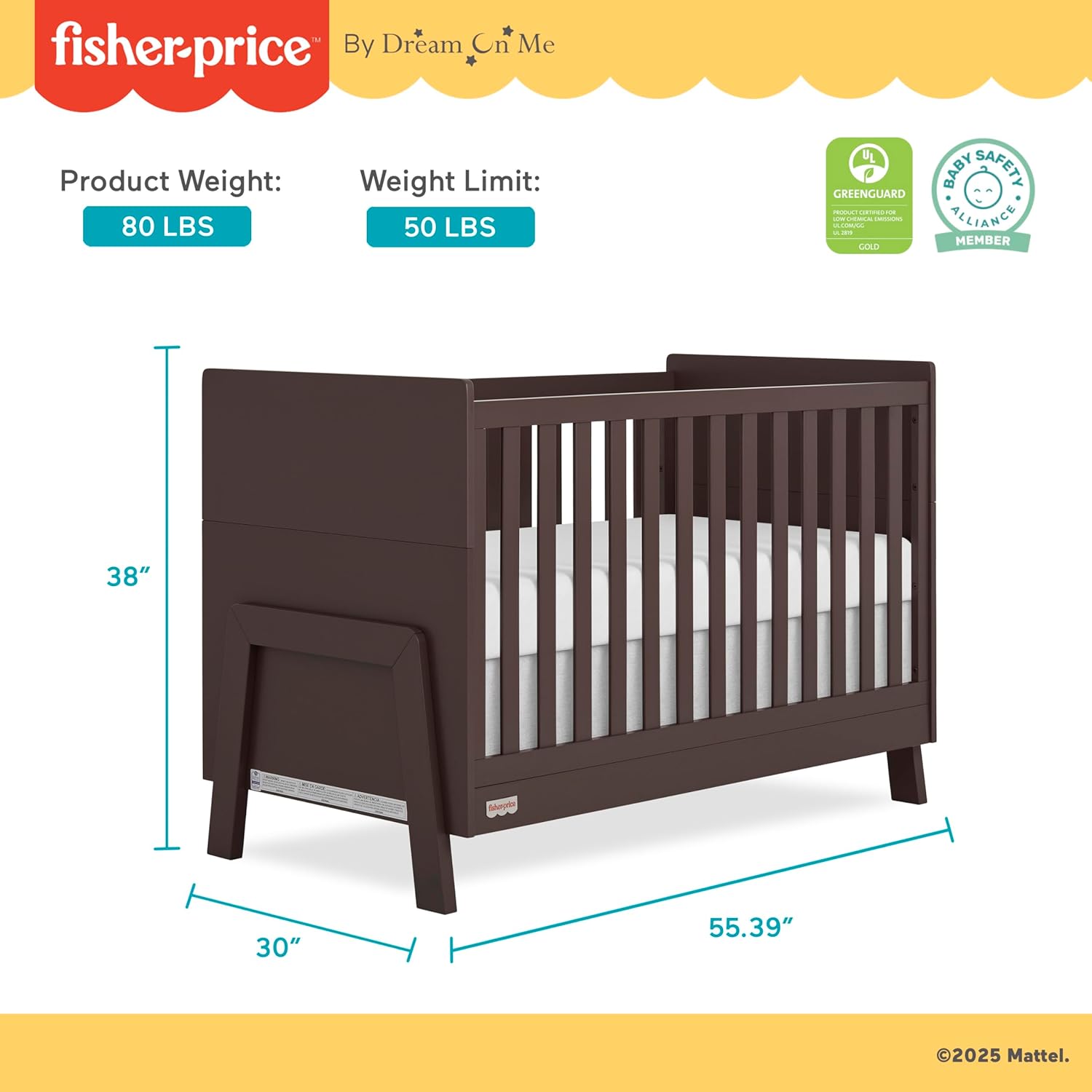 Dream On Me Fisher Price Iris 4-in-1 Convertible Crib in Chocolate Chip, Greenguard Gold & JPMA Certified, Converts from Baby Crib to Day Bed, Full-Size Bed and Toddler Bed