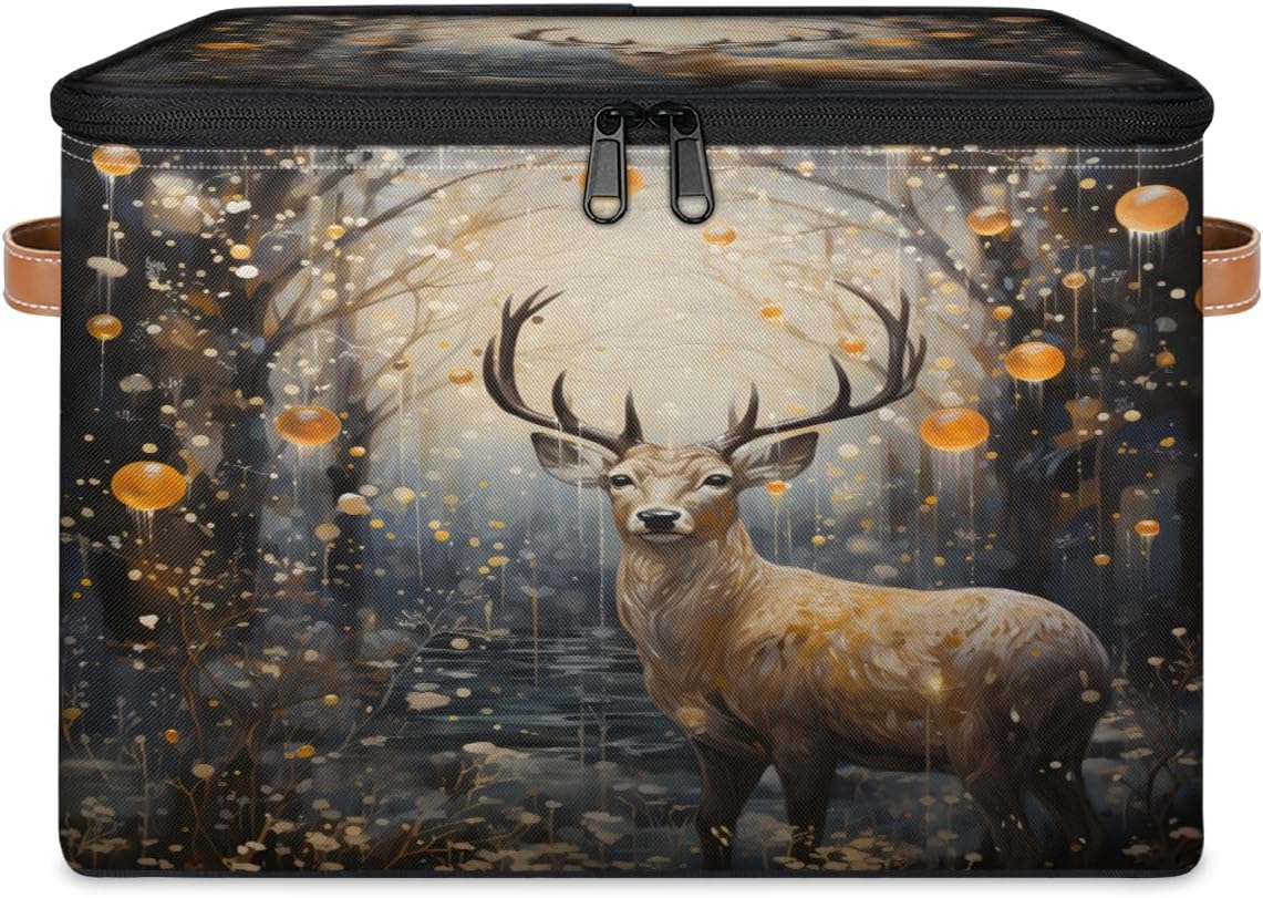 Storage Bin Set of 2 Forest Elk Deer Storage Basket with Zipper Lid & Handle Foldable Closet Shelf 2 Pack Cloth Organizer Basket Cube Bins Clothes Organizer for Nursery, Bedroom