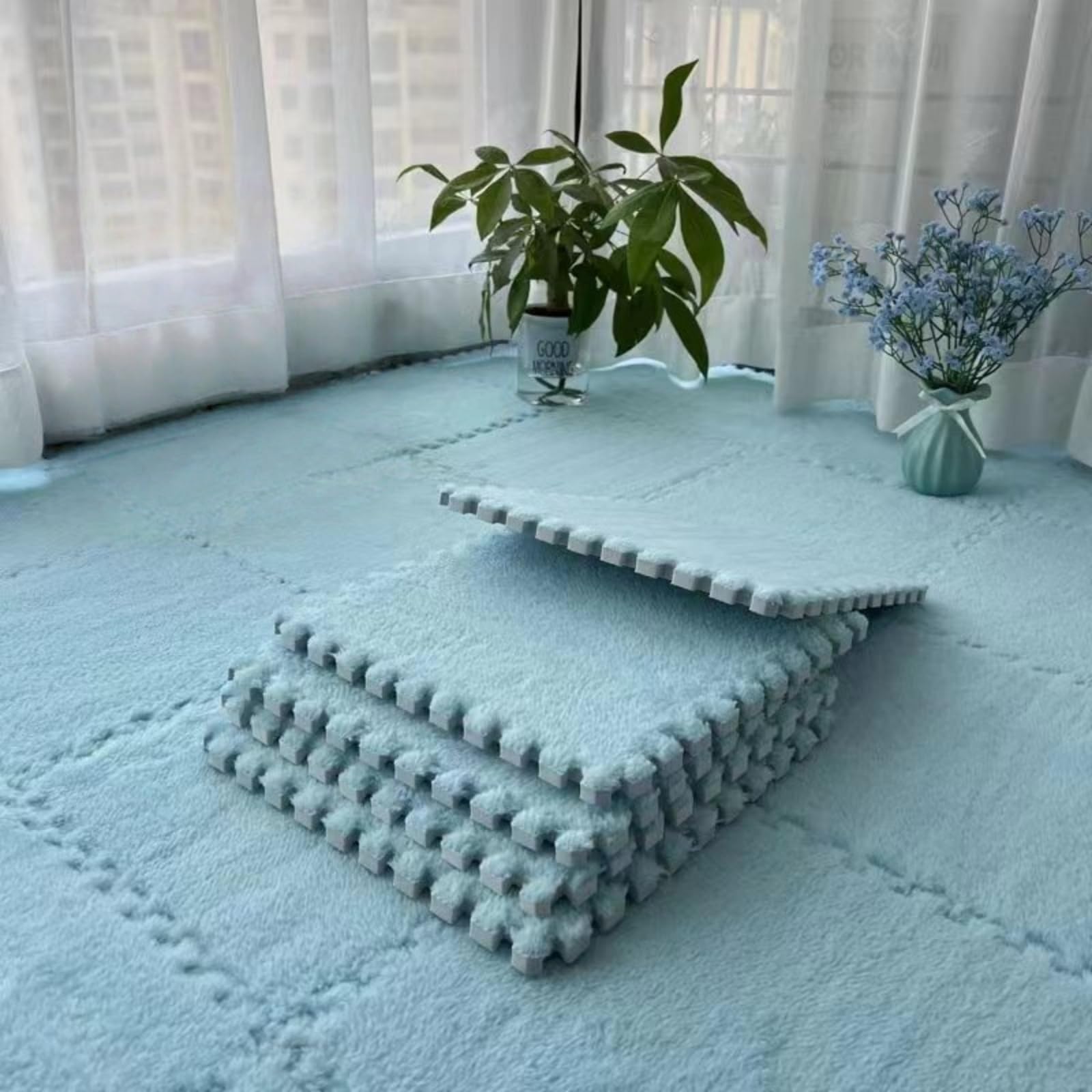 Hiseng 5/10 pcs Interlocking Foam Floor Tiles 30x30cm, Squares Puzzle Carpet Tiles Plush Floor Mats Soft Shaggy Foam Rug for Kids Bedroom Living Room Home Decoration, Solid Colors (Blue,10pc)