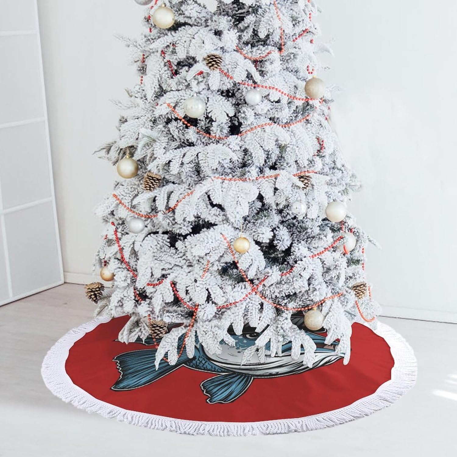 Bass Fish USA Flag Christmas Tree Skirt Round Xmas Tree Mat Ornaments Tree Skirts with Tassels for Holiday Party