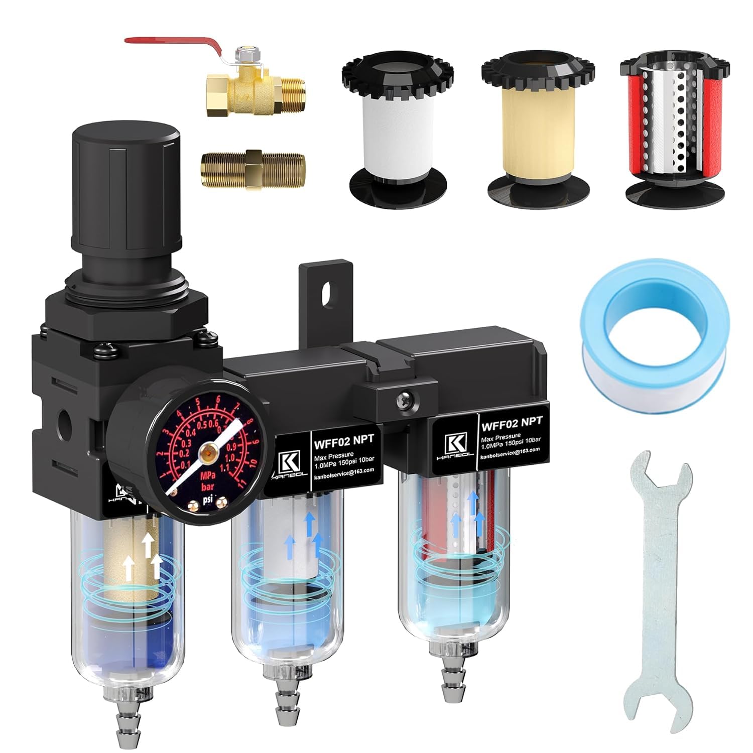 Filtre et régulateur NPT 3 étapes 6,35 mm avec manomètre, système de séchage à l'air, cartouche filtrante en laiton 5, 0,5, 0,01 micron, séparateur d'eau pour compresseur d'air, noir