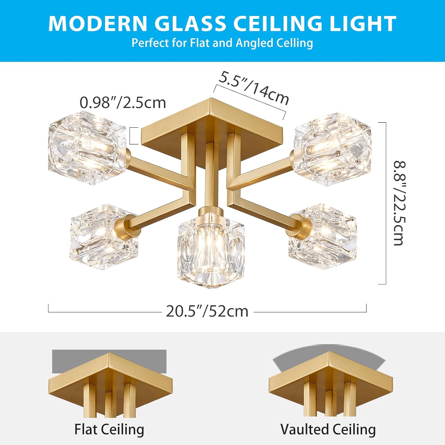 XINGQI Sputnik Chandelier Gold Modern Semi Flush Mount Ceiling Light Glass 5 Lights Farmhouse Lighting Fixtures for Dining Room Living Room Kitchen Bedroom