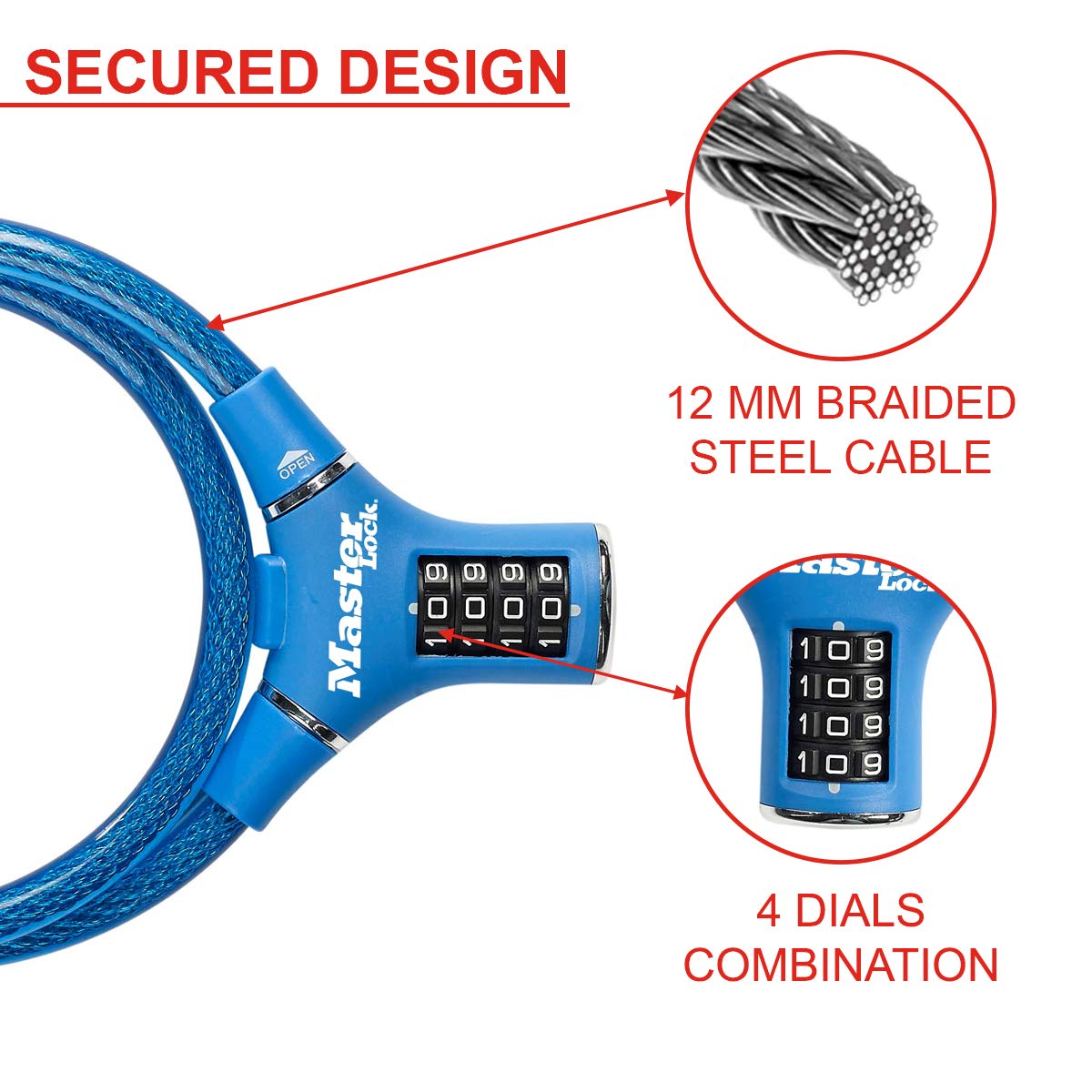 Câble Antivol Master Lock 8229 Pour Vélo, Bleu, Fermeture à Combinaison, Neuf