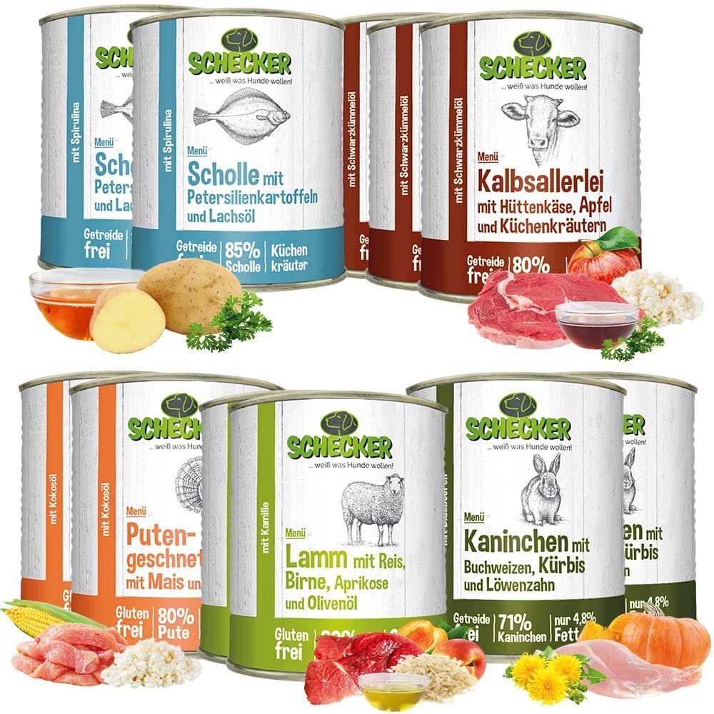 Schecker Nassfutter - Hundemenü Dosen - mit Scholle - Lamm - Kaninchen - Pute und Kalb - 11 x 820 g - kräftig - vielseitig - gesund