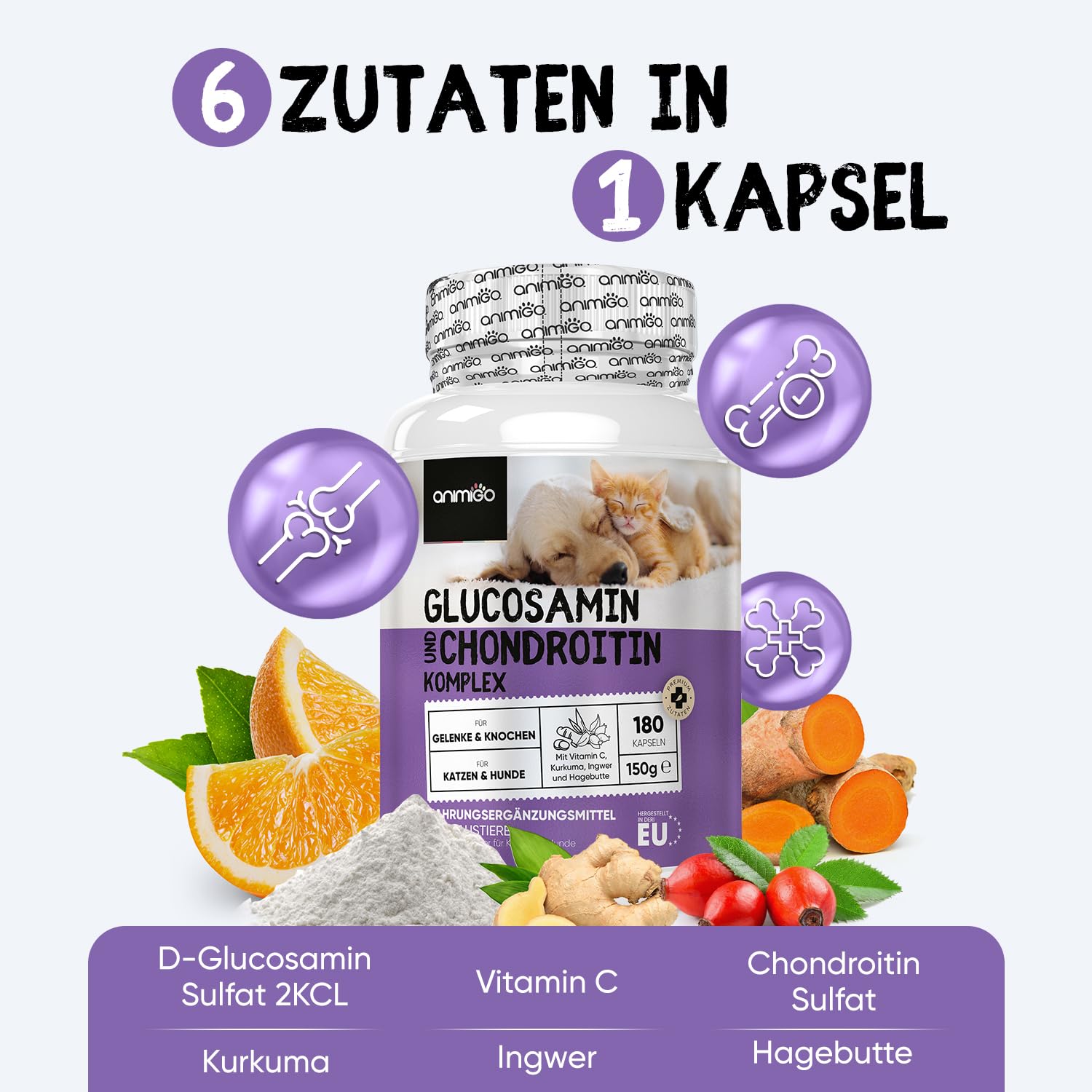 Glucosamin Chondroitin Komplex - 180 Kapseln - Knorpelaufbau, Gelenke & Knochen - Gelenkkapseln Hunde & Katzen - Mit Kurkuma, Ingwer, Vitamin C - Alternative zu Gelenktabletten, Grünlippmuschelpulver