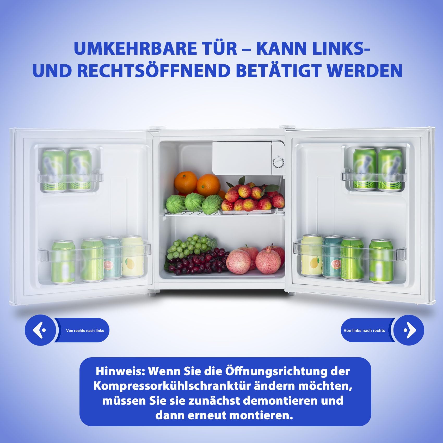 46L Kühlschrank, Mini Kühlschrank, Leise Kühlschrank Klein ohne gefrierfach 220-240V, Minikühlschrank mit Umkehrbare Tür, Minibar für Zimmer, Hotel,Büro,Küche,Wohnungen,39dB,Weiß