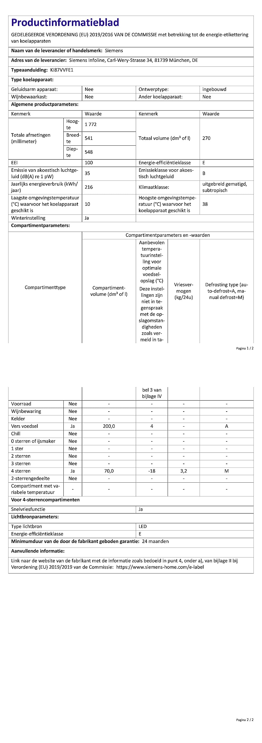SIEMENS Réfrigérateur congélateur encastrable KI87VVFE1 IQ300, 270 litres, Low frost