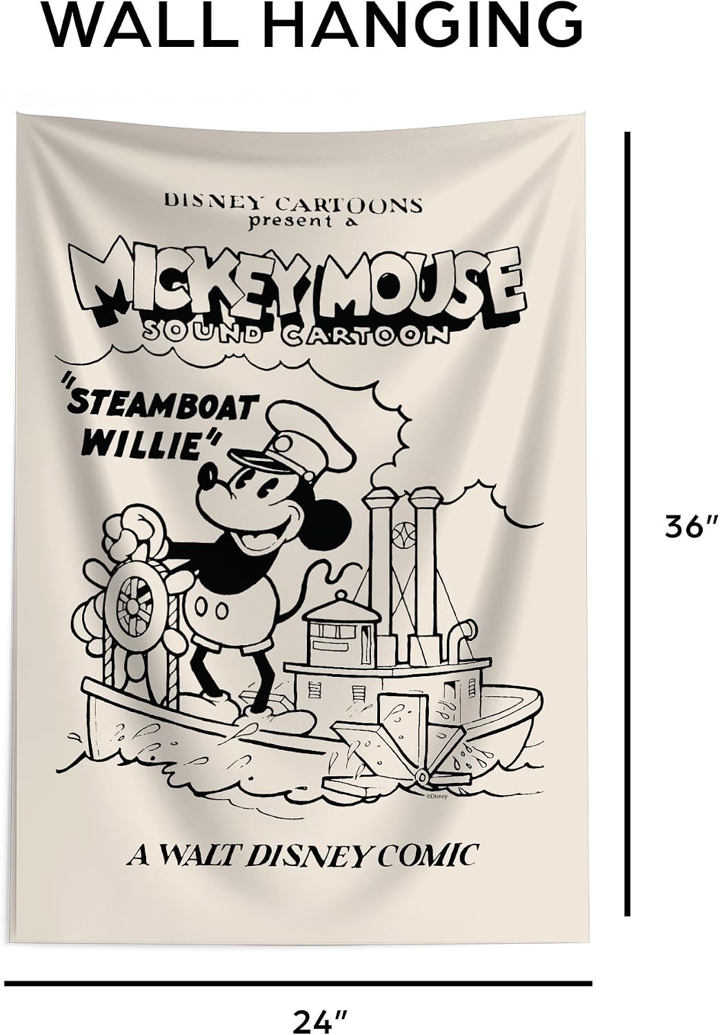 Northwest Disney Mickey Mouse Steamboat Willie Tapestry Wall Hanging 24 × 36 Inches Soft Decorative Tapestry for Bedroom Living Room or Home Décor