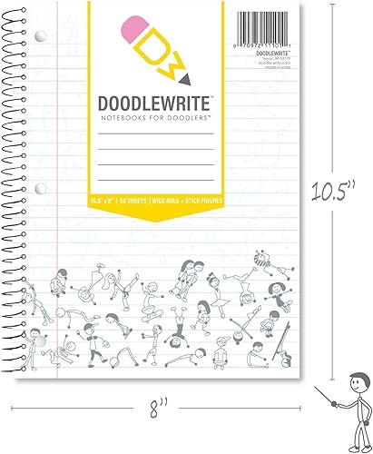 Vista 2 de DoodleWrite - Cuaderno espiral de alambre con rayas anchas, paquete de 3, incluye instrucciones de Doodle para mantener el enfoque, despertar