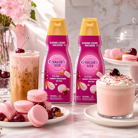 Premium Liquid Coffee Creamer.- Pack of Two (2) 32 fl oz Bottles of Smooth & Creamy Delightful Coffee Creamer and Candy Freezer Mini Shovel Spoons (Almond Cherry Macaron) - Shovel Spoons