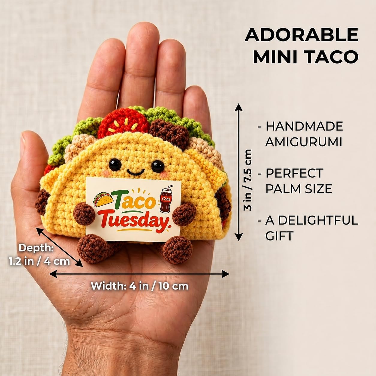 Taco Tuesday Crochet Plush with Message Card – Handmade Amigurumi Mini Taco Doll, Funny Taco Lover Gift for Coworker, Friend, Birthday, Desk Decor, Emotional Support Knitted Toy image 2