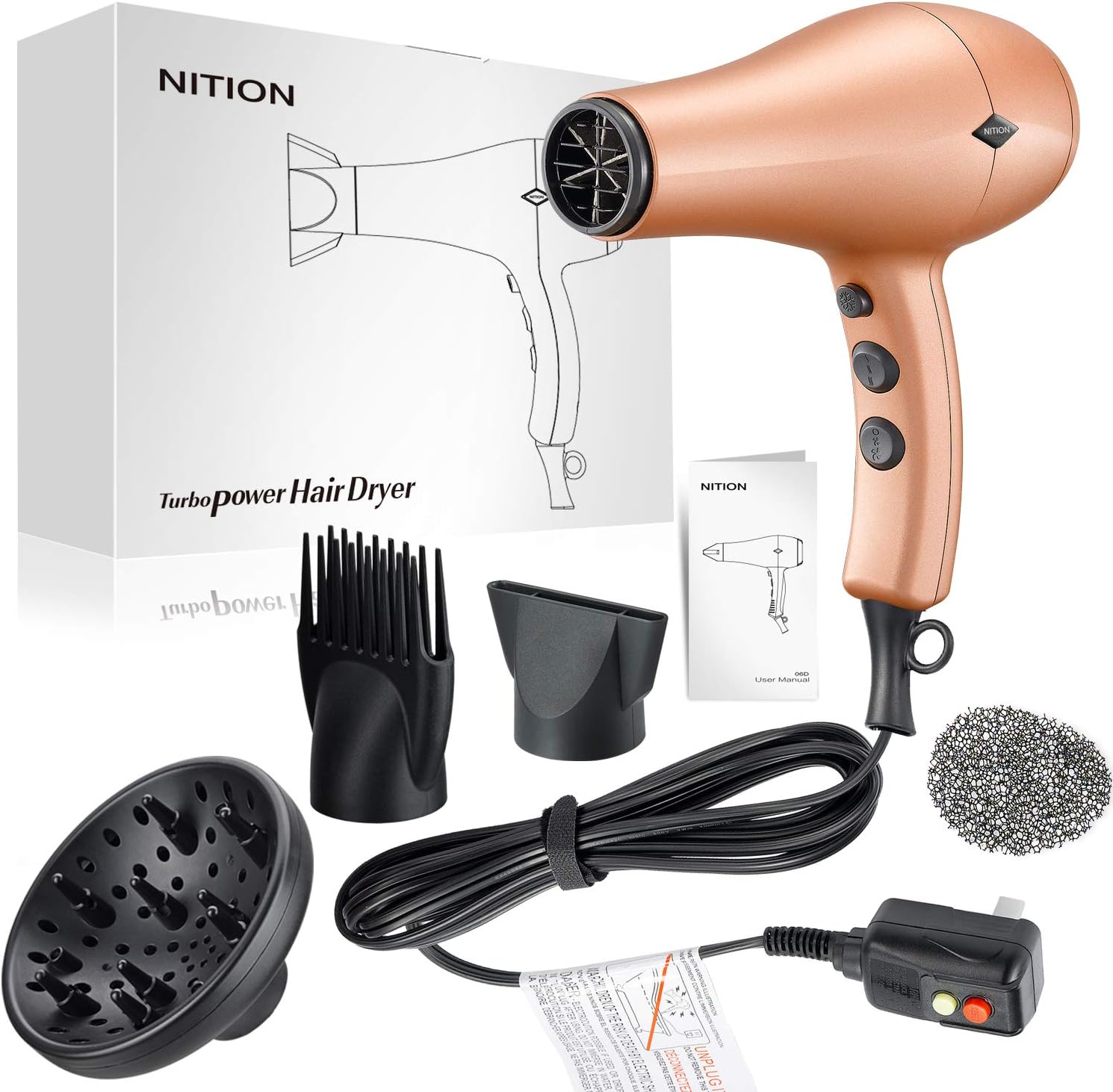 NITION Negative Ions Ceramic Hair Dryer with Diffuser Attachment Ionic Blow Dryer Quick Drying,1875 Watt 2 Speed / 3 Heat Settings,Cool Shot Button,Lightweight,Champagne Gold : Beauty & Personal Care