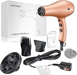 NITION Negative Ions Ceramic Hair Dryer with Diffuser(Large Size 5.3 inch) Attachment Ionic Blow Dryer Quick Drying,1875 Watt 2 Speed / 3 Heat Settings,Cool Shot Button,Lightweight,Gold
