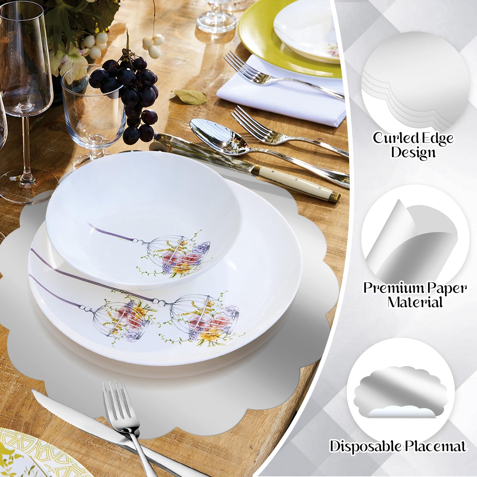100 manteles individuales plateados festoneados, manteles individuales de papel desechables de 13.5 pulgadas para mesa de comedor, manteles individuales plateados con espejo para banquete de