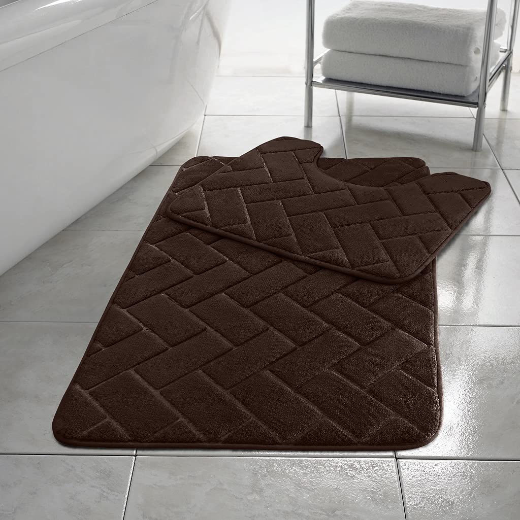 Laam linen Memory Foam Bath Mat Set Soft and Cushioned Modern Block Bricks Design Pedestal Toilet Mat 2 Piece Soft Hygienic Polyester Material Foot Comfort (Chocolate, 50x50cm-50x80cm)