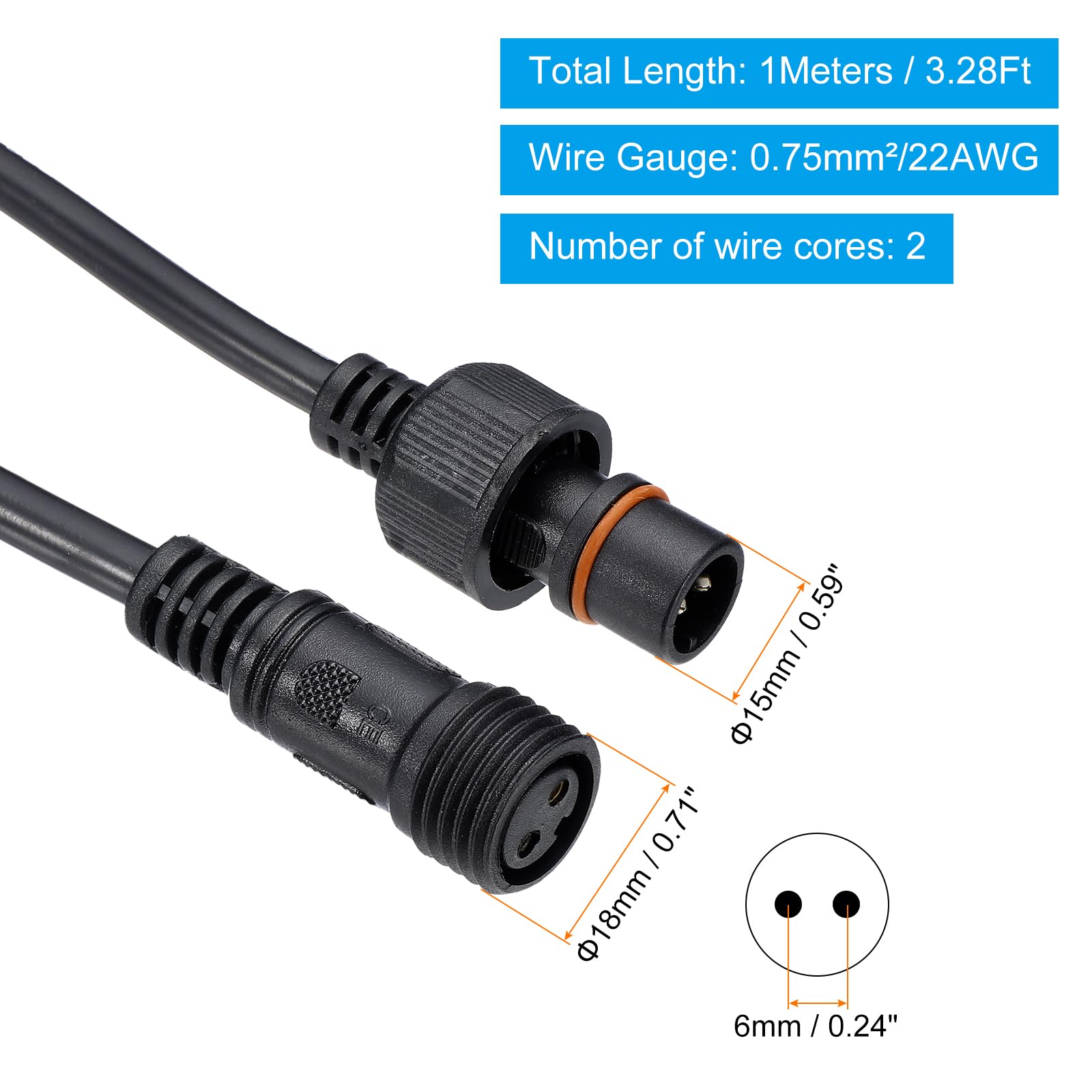 PATIKIL 3.28Ft 2 Pin Extension Cable Wire, 18AWG Waterproof IP67 Connector with Male and Female at Both Ends for LED Strips Black - Image 2
