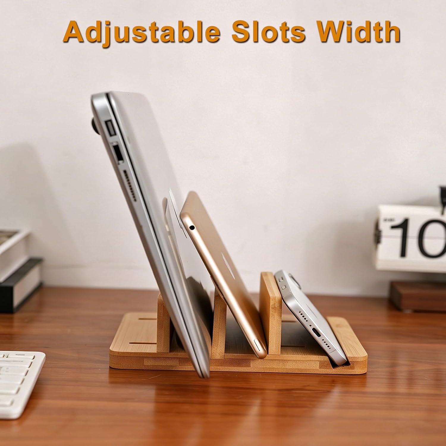 Vertical Laptop Stand for Desk Dual Slot 1.4-2in Width Adjustable Dock for MacBook Pro and Other Laptops,Bamboo Stand for Desk,MacBook Air Pro/Dell XPS/Surface pro/HP/Pixelbook/Lenovo,More Laptops