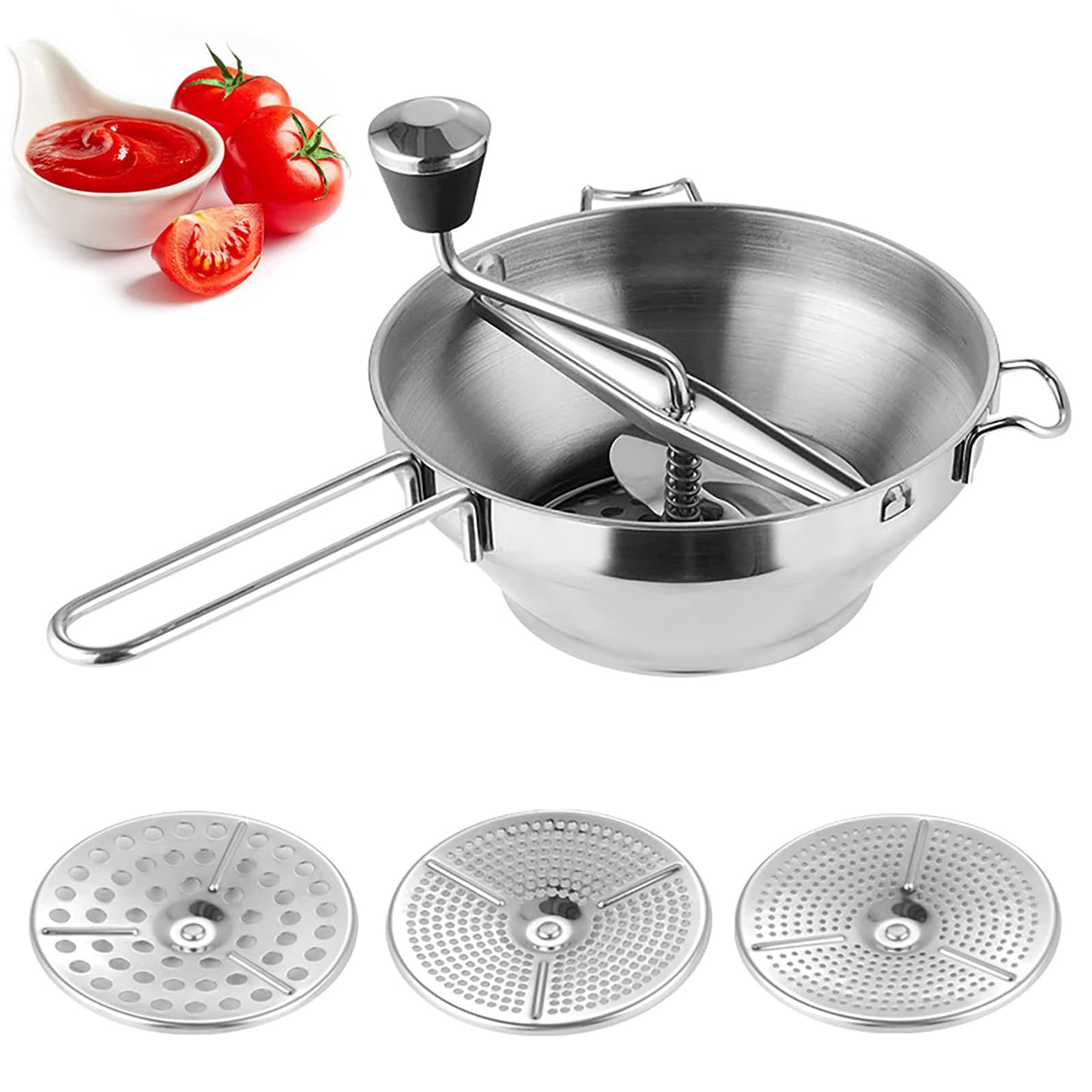 QUTBAG Lebensmittelmühle aus Edelstahl, manueller Marmeladenstampfer mit 3 Mahlscheiben, Kartoffelstampfer mit Anti-Rutsch-Griff, für Tomatensauce, Apfelmus, Püree, Kartoffelpüree