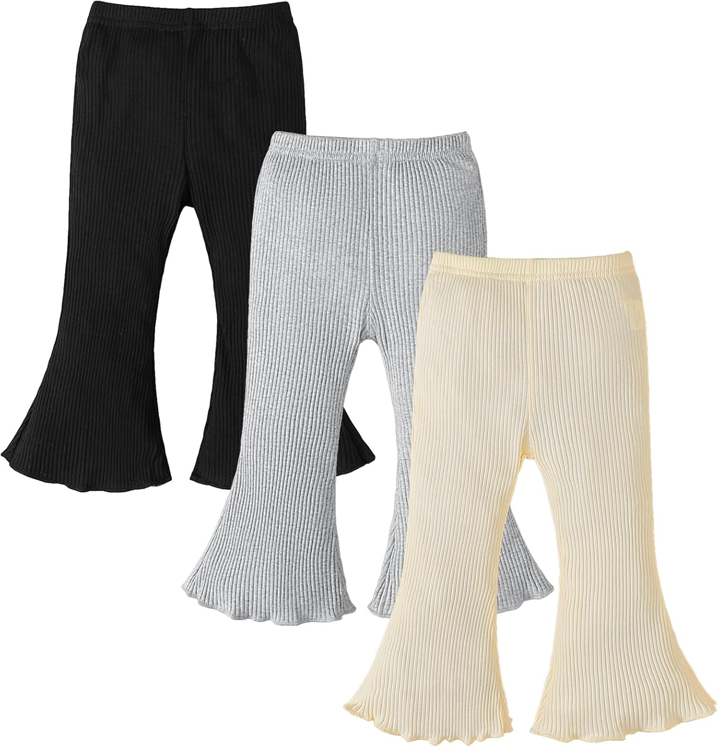 3 Pack Baby Girl Pants: Infant Solid Ribbed Flare Pants Cotton Pull On Bottoms Leggings for Toddler 0-24 Months Black/Grey/Beige 6-9 Months