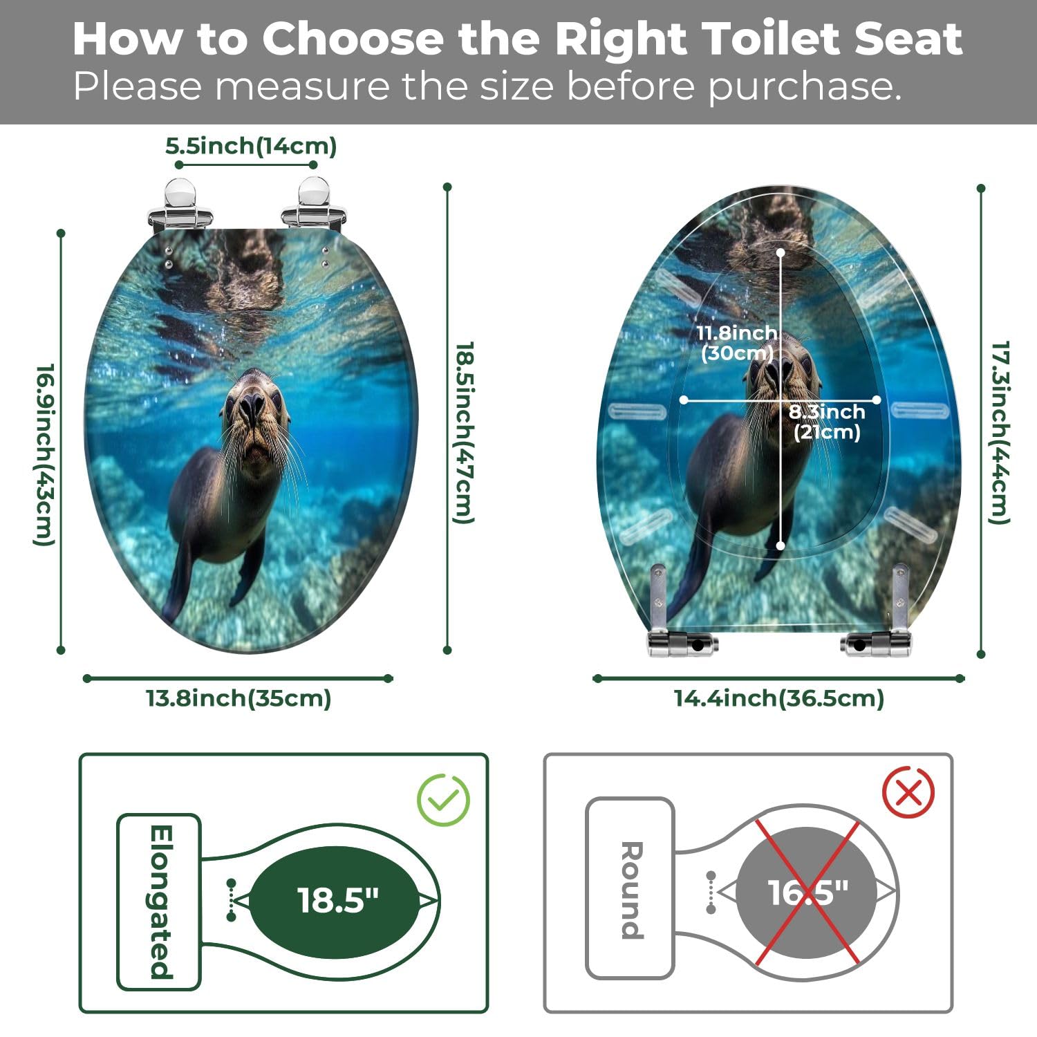 Asiento de inodoro alargado de resina con tapa para uso en el baño.