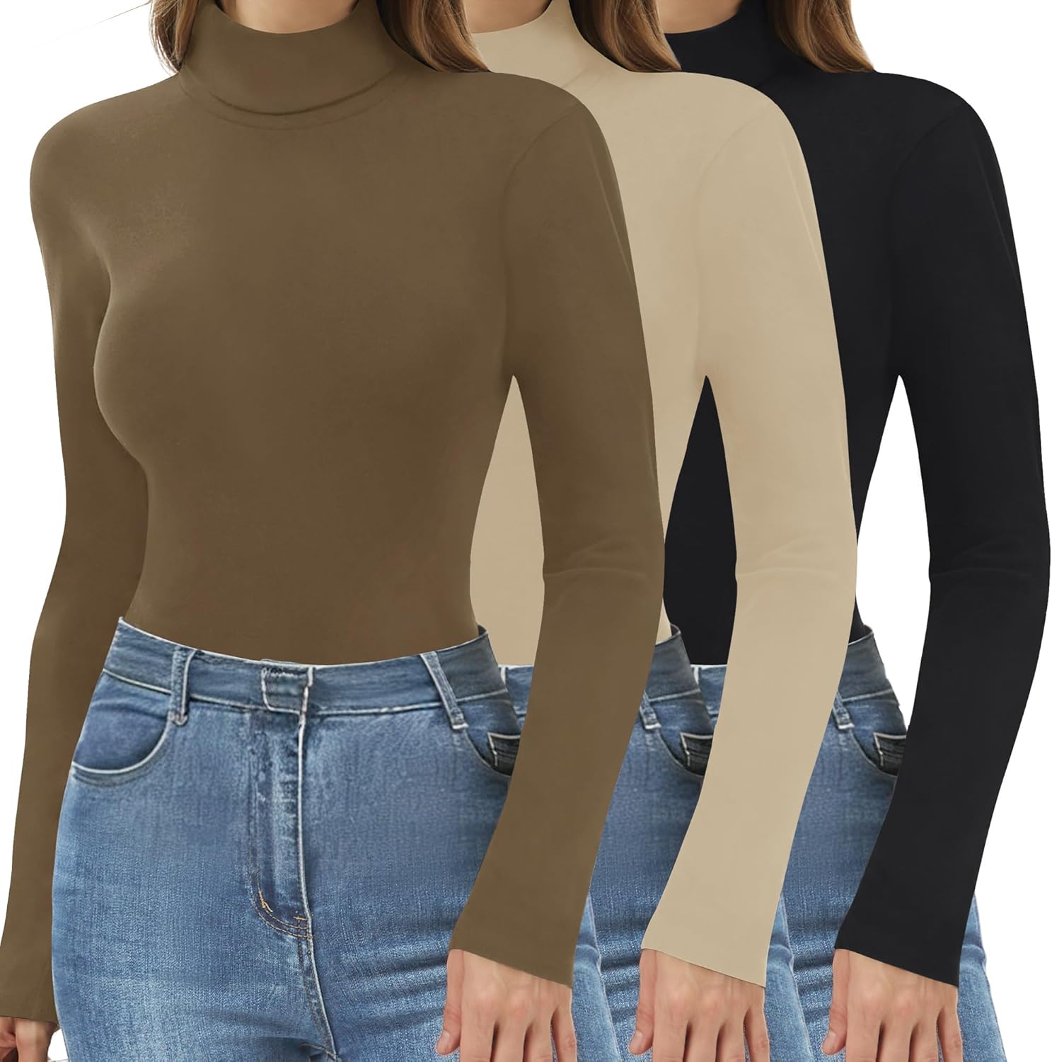DDOBB 3 Pack Thermal Turtlenecks Long Sleeve Shirts for Women Black Base Layer Tops Slim Fit Winter Clothes Large Black/Beige/Brown