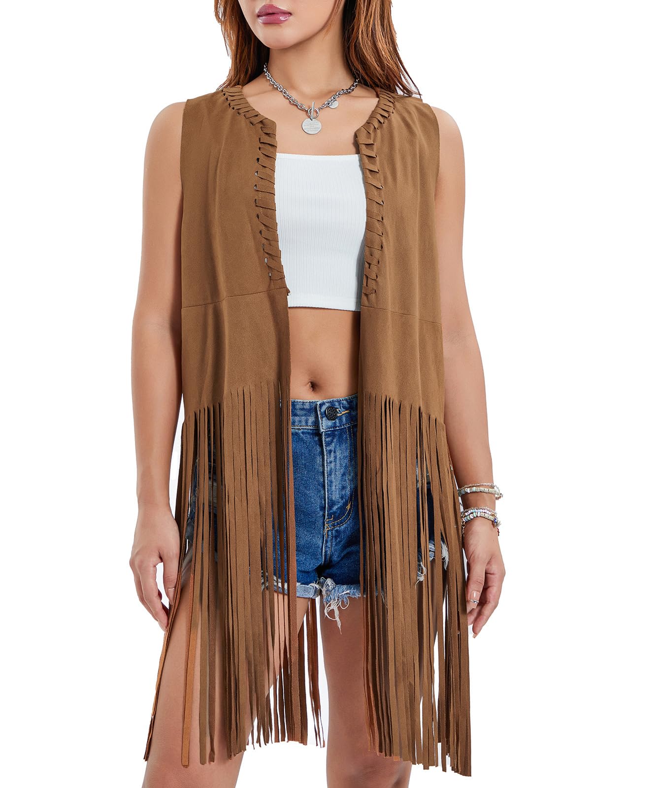 PlustrongWomens Fringe Vest 70s Hippie Costume Cowgirl Faux Suede Tassel Cardigan Western Tops