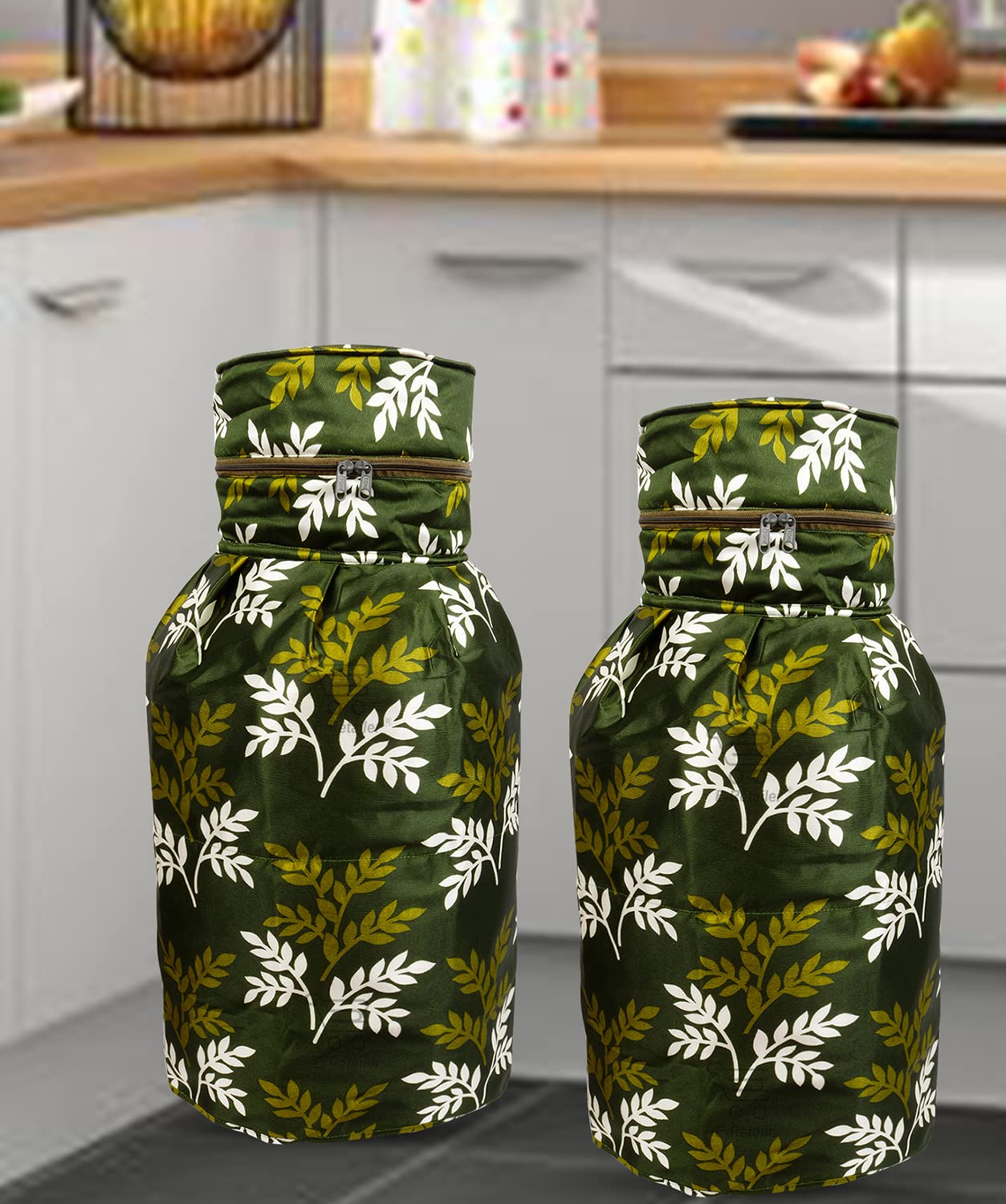 E-Retailer® Polyester 3-Layered LPG Gas Cylinder Covers With Zip Enclosure Pack of 2- (Color-Leaf Green, Size-26x14 Inches)