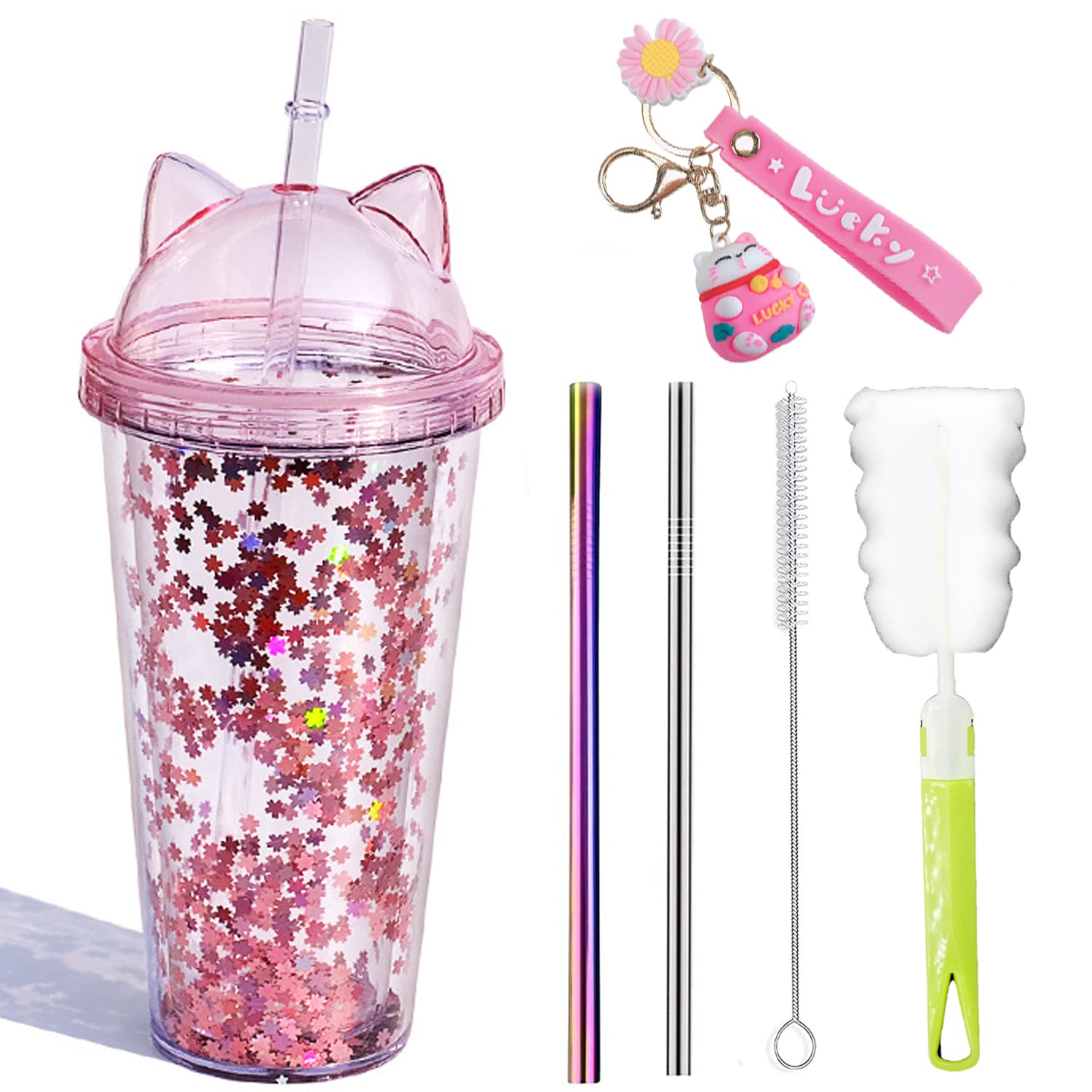 24 Niedliche Kunststoffbecher Mit Rosa Schleife & Gänseblümchen – 420 Ml, Inkl. Deckel & Strohhalme, Wiederverwendbar!