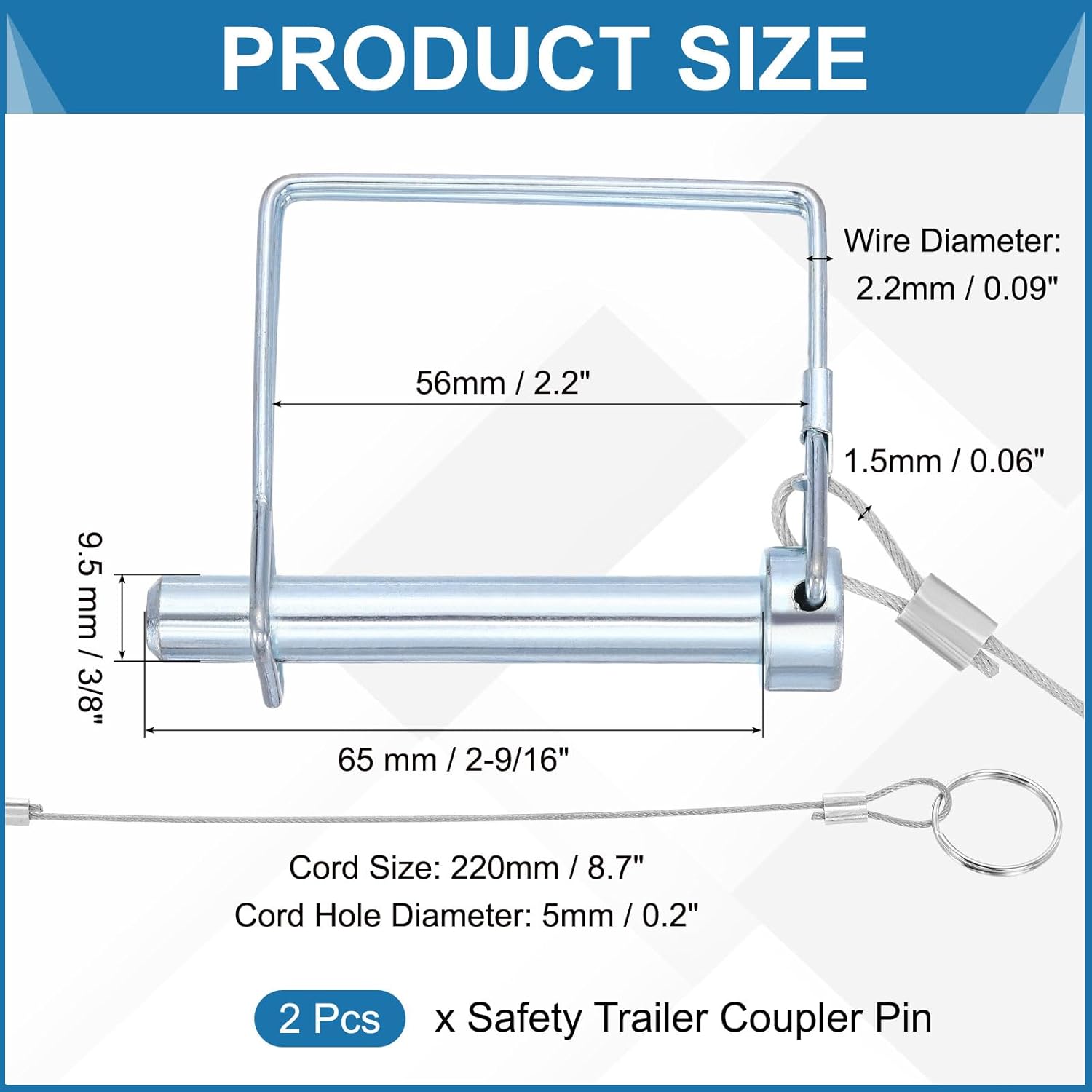 PATIKIL 2 Pcs Trailer Coupler Pins, 3/8" x 1-9/16" (9.5mm x 65mm) Square Shaft Locking Pin with Ear Extended Cord Quick Release Ring Round Arch Wire Retainer for Farm Trailers Hitches