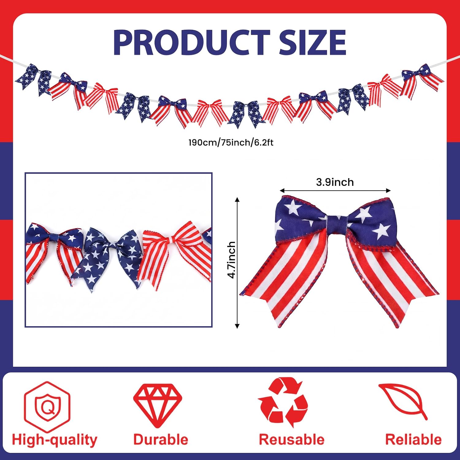 6.2 ft 4th of July Decorations Patriotic Bow Garland Banner Red White and Blue Bow Banner Vintage Mantel Decoration 250th Anniversary Wall Decor for Independence Day Memorial Day Party Supply