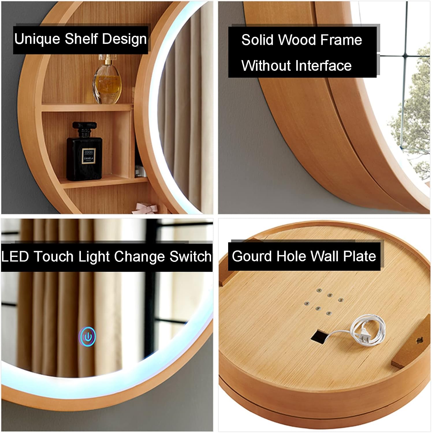 Round Mirror Cabinet Bathroom with Led Lights, Solid Wood Anti-Fog Bathroom Mirror/Wall-Mounted Round Vanity Mirror, Sliding Furniture Storage Mirrors