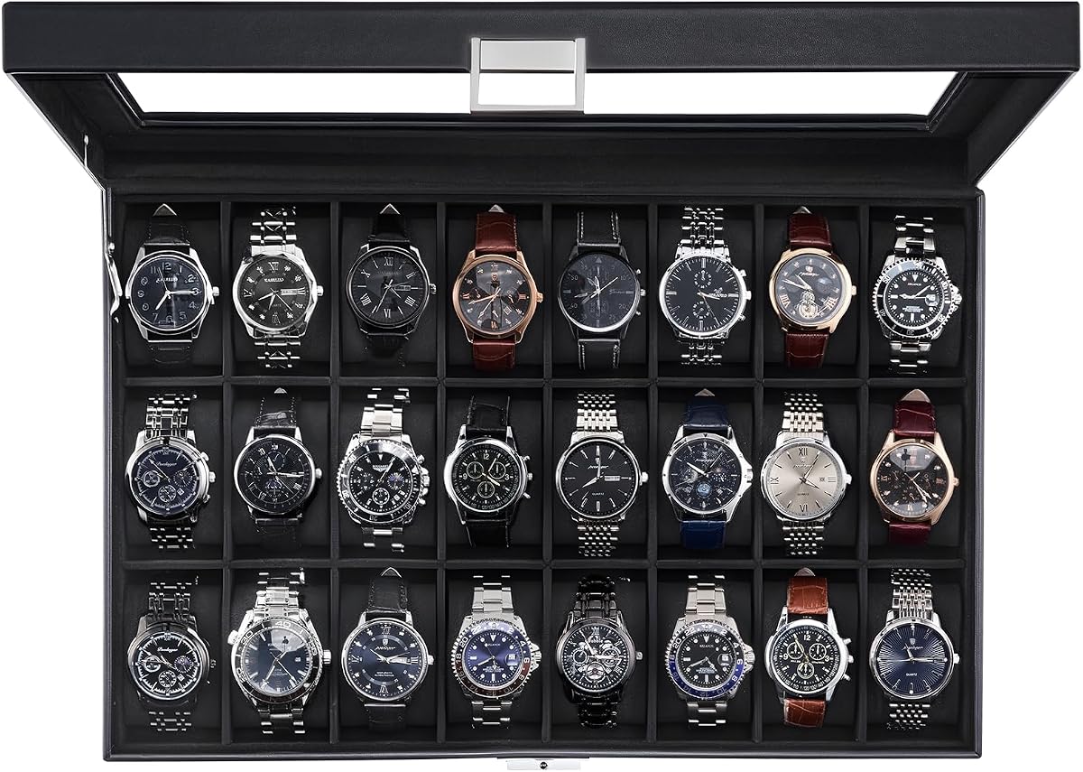ProCase Caja de Reloj para Hombre, Vitrina de 24 Ranuras con Tapa de Vidrio Real | Organizador de almacenamiento premium con almohadas extraíbles, regalo para el día del padre y del padre y coleccionistas de relojes