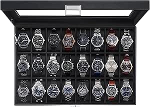 ProCase Watch Box for Men, 24 Slot Display Case with Glass Lid and Removable Pillows, Black