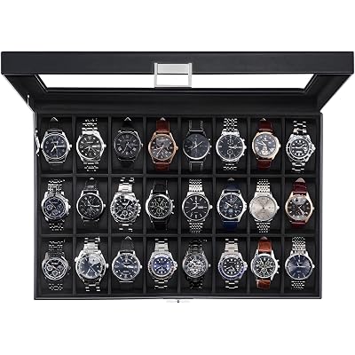 ProCase Watch Box for Men, 24 Slot Display Case with Real Glass Lid and Removable Pillows. Premium Storage Holder Organizer, Gift for Dad & Father's Day & Watch Collectors -AllBlack