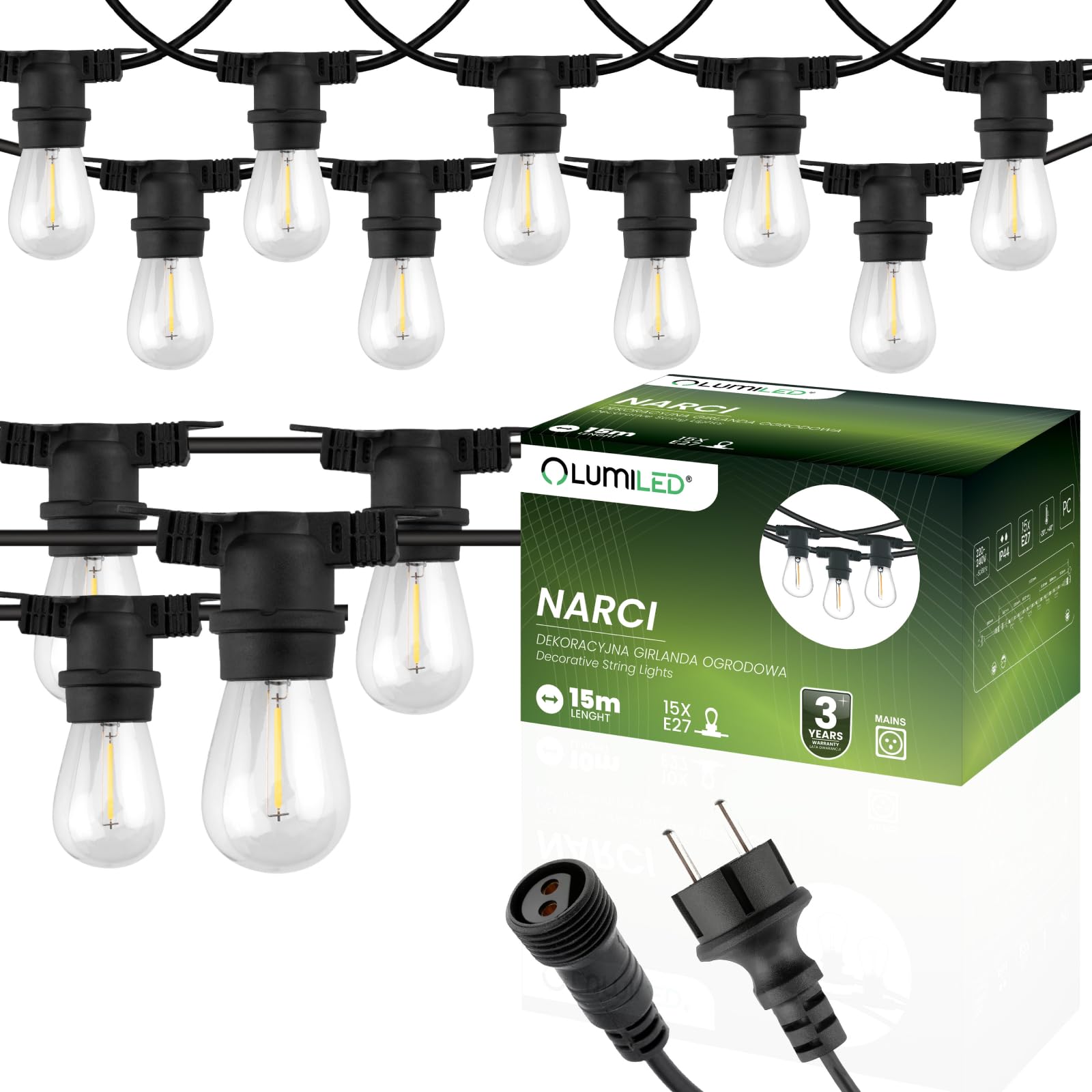 Lumiled Lichterkette Außen 15 Meter mit 15 E27 LED 1W Glühbirne Warmweiß 2700K 230V Birnen für Garten Biergarten Party Hochzeit Dekoration Terrasse verlängerbar mit Strom