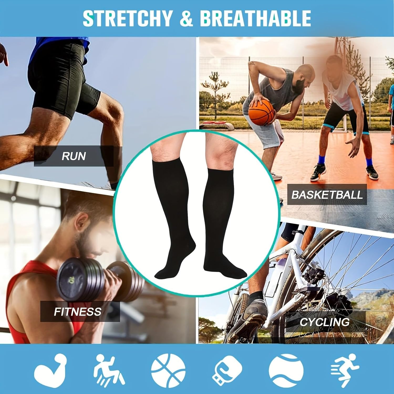 Women's Compression Socks - Polyester Calf-Length Socks For Running, Moisture-Wicking, Non-Slip (6-Pack, S/M, L/XL)