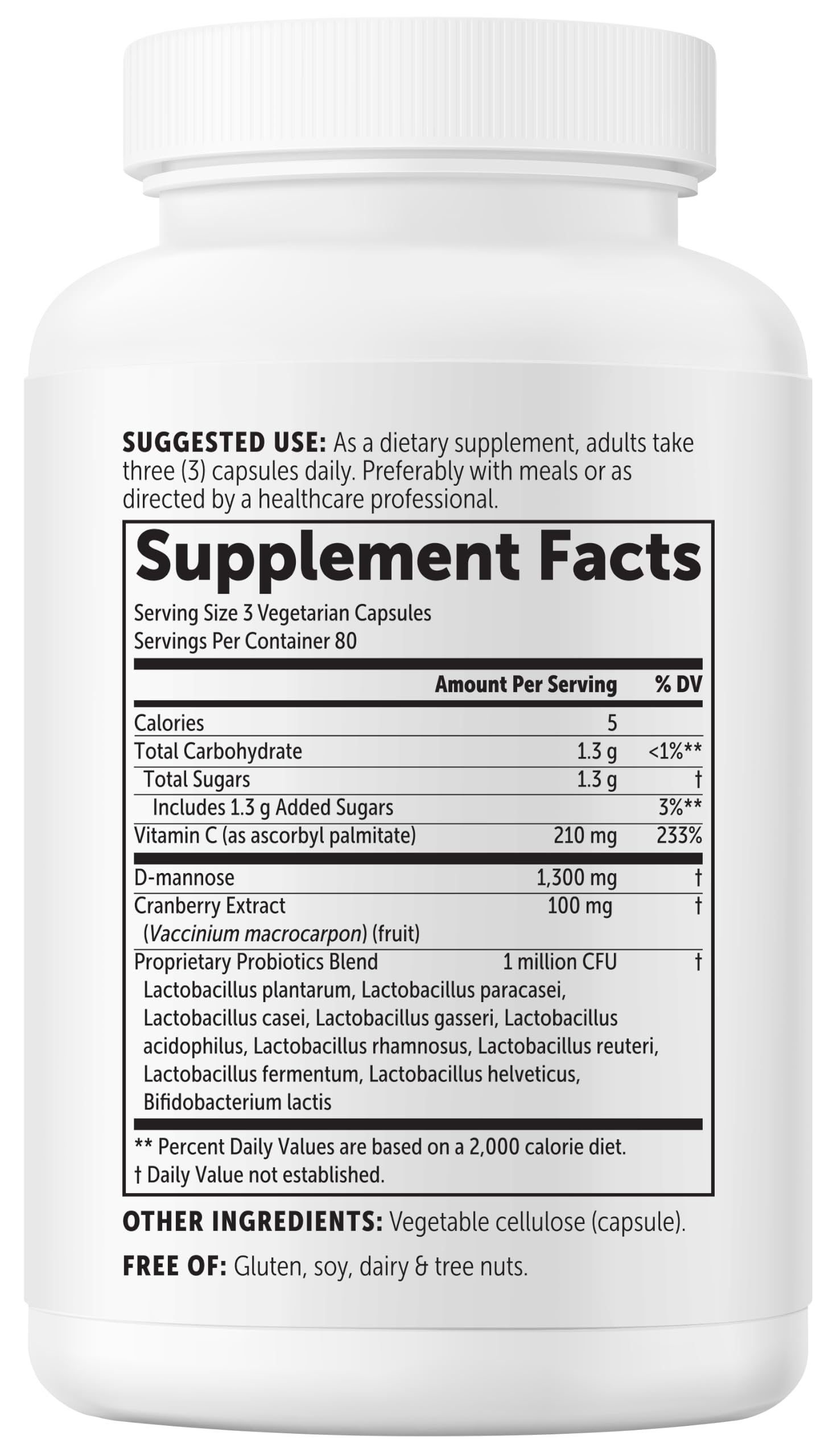 Micro Ingredients D Mannose 1,300mg Per Serving with Cranberry | 240 Veggie Capsules + Fat-Soluble Vitamin C & 1 Million CFU Probiotics Blend | Daily D Mannose Formula for Women | Filler Free, Non-GMO — Amazon image 8