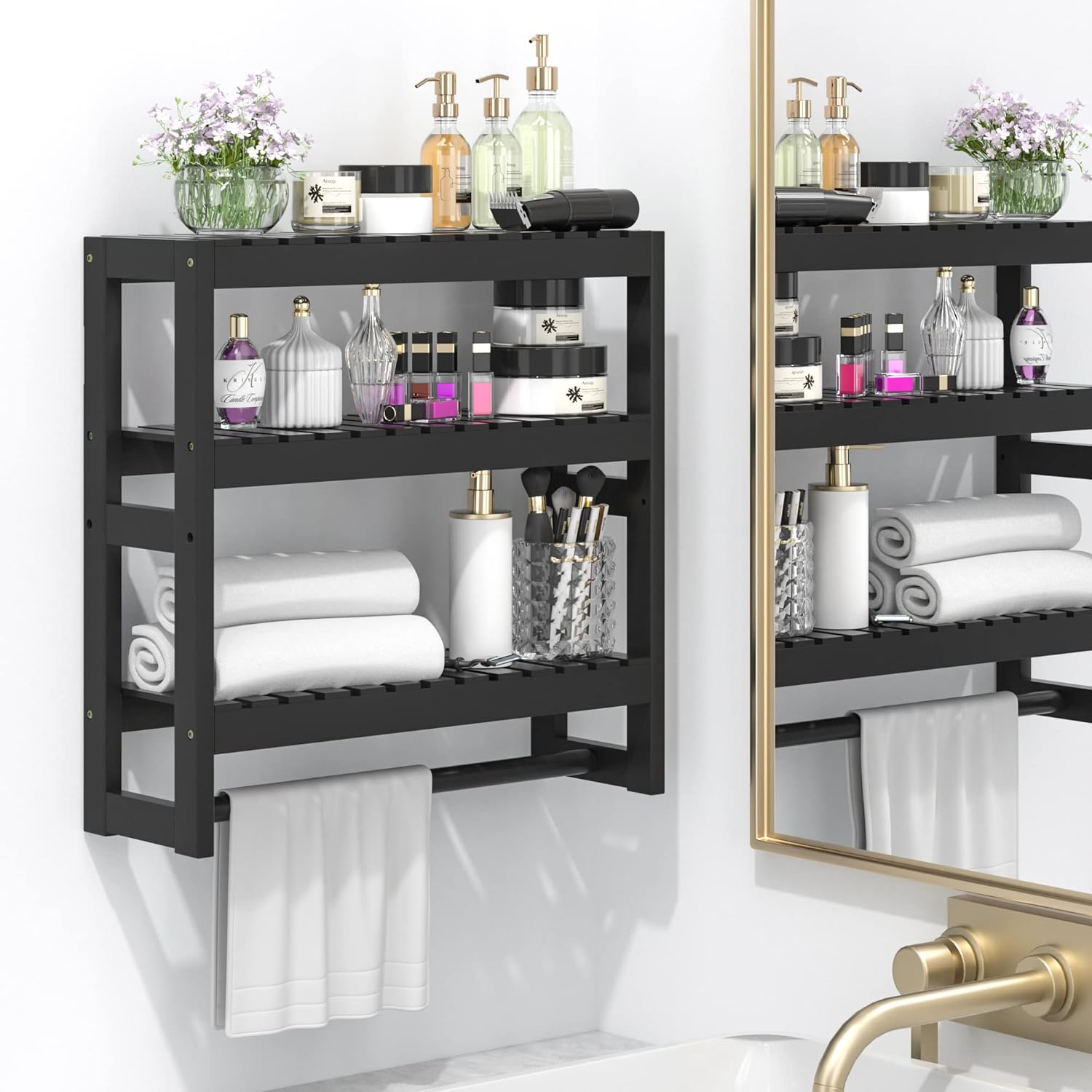 Bamboo Bathroom Shelves Over Toilet3 Tier Bathroom Wall ShelfAdjustable Wall