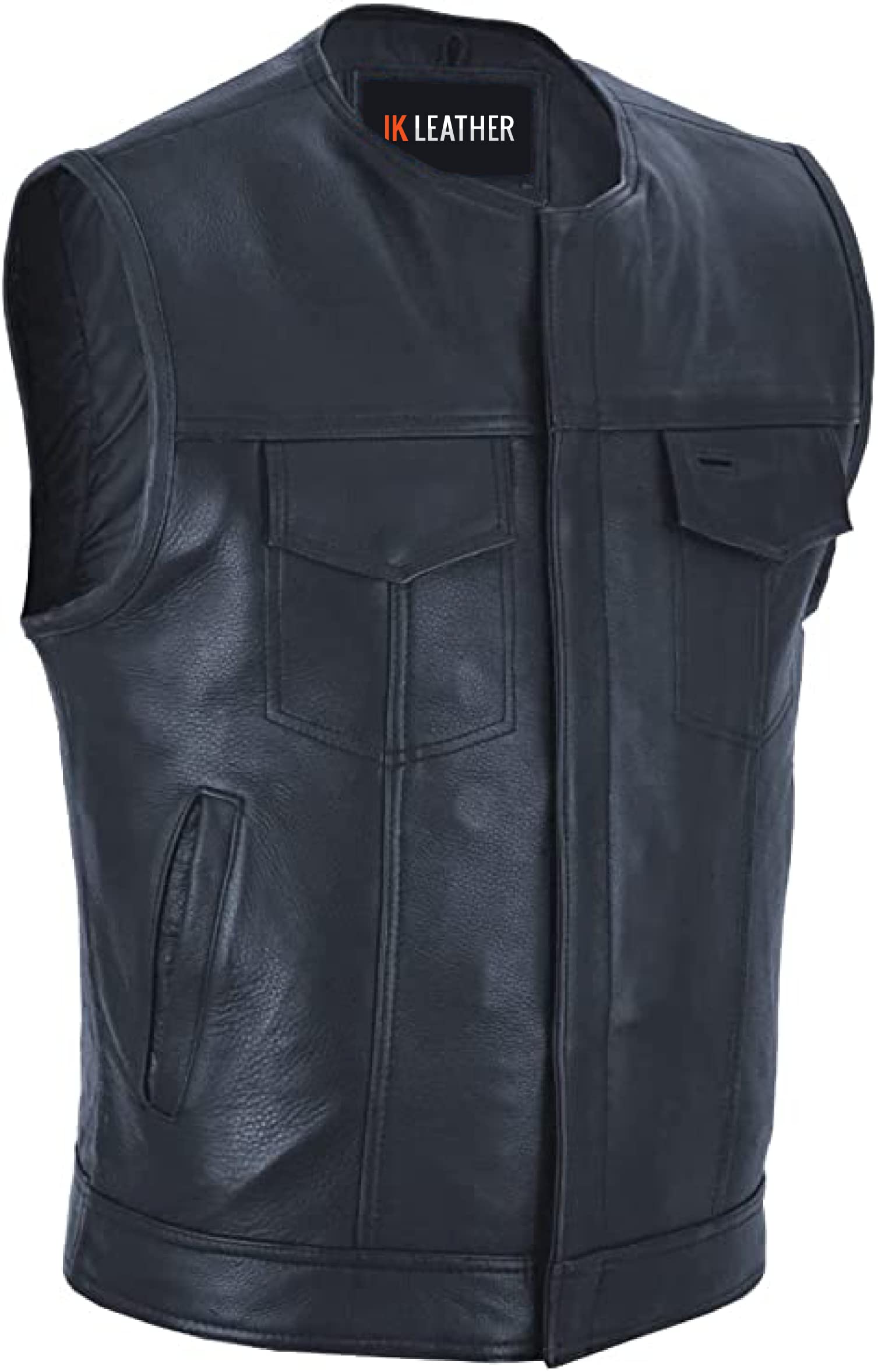 IKLeather SOA Vest for Men Leather Club Style Vest W/Concealed Gun Pockets, Cowhide Leather Biker Vest, Single Panel Back (XL)
